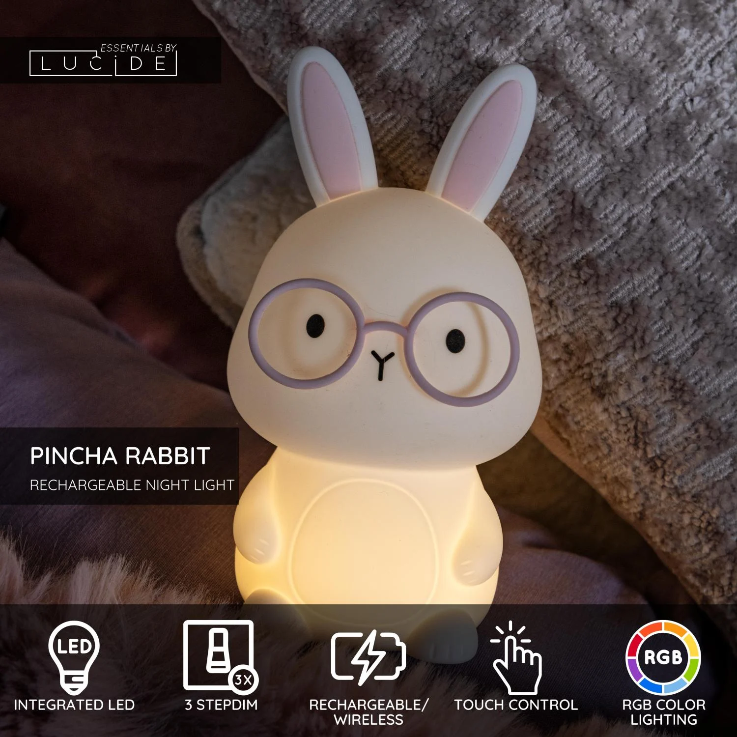 Lucide PINCHA RABBIT - Nabu00edjateu013enu00e9 nou010dnu00e9 svetlo pre deti - Batu00e9ria - LED 3 StepDim - Rgb - Biela | Essential