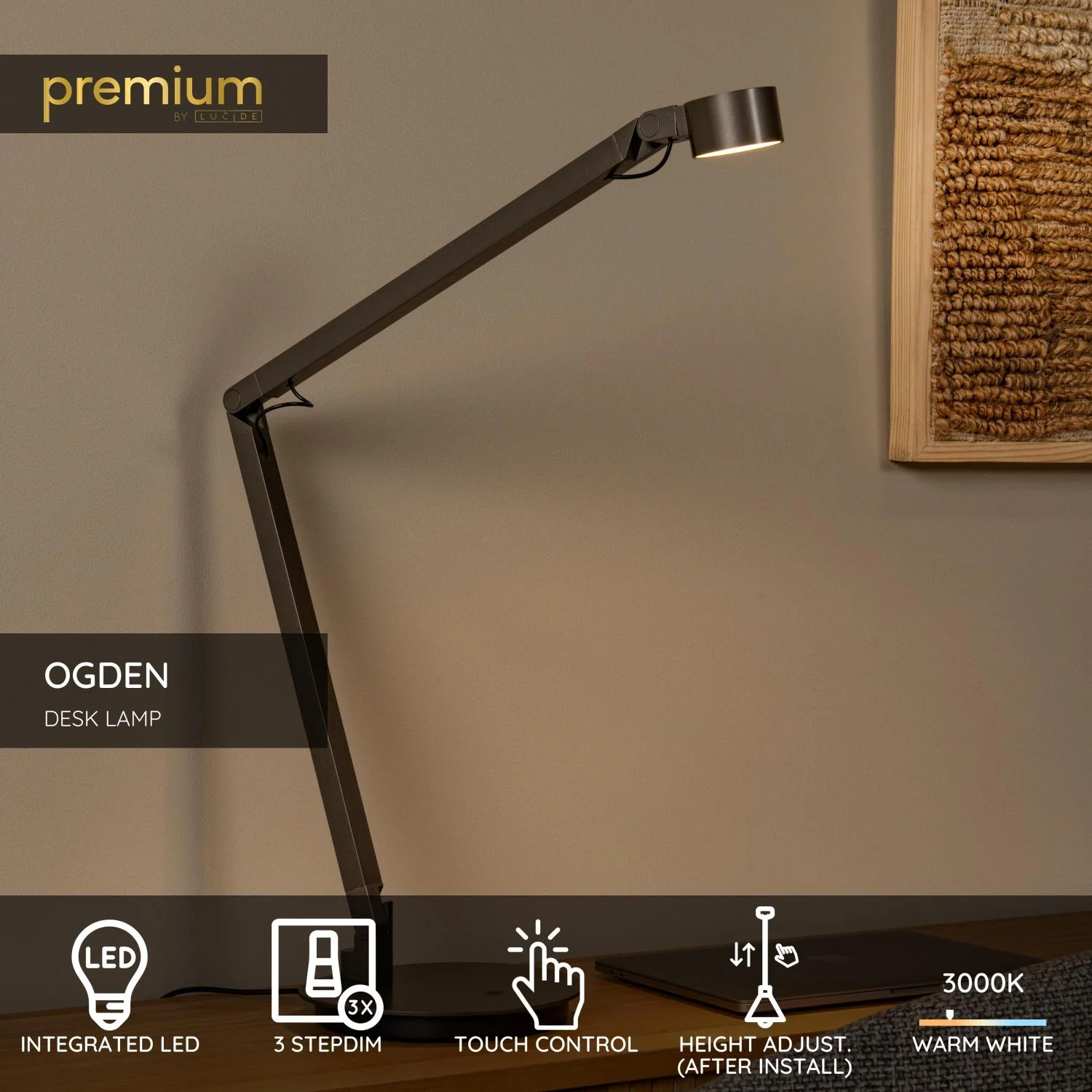 Lucide OGDEN - Stolnu00e1 lampa - LED 3 StepDim - 1x7W 3000K - Sivu00e9 u017eelezo | Pru00e9miovu00e9