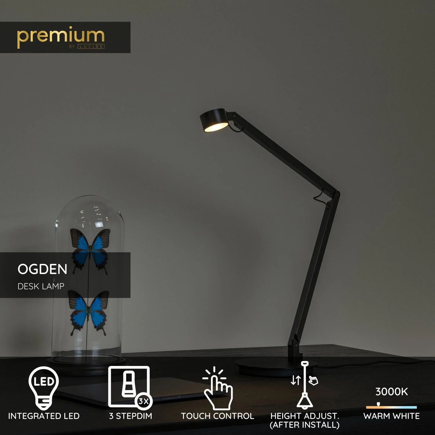 Lucide OGDEN - Stolnu00e1 lampa - LED 3 StepDim - 1x7W 3000K - u010dierna | Pru00e9miovu00e9
