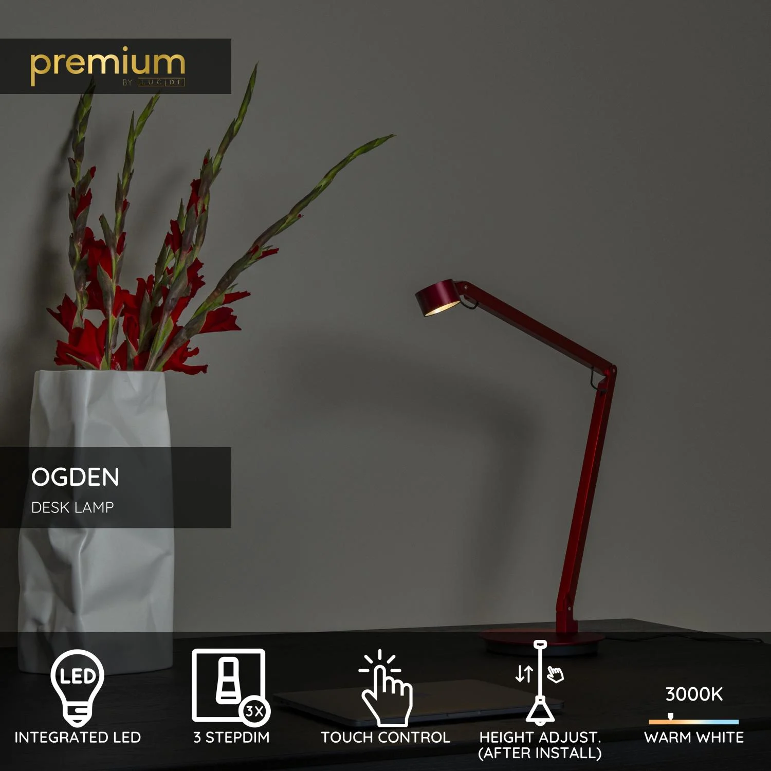 Lucide OGDEN - Stolnu00e1 lampa - LED 3 StepDim - 1x7W 3000K - u010dervenu00e1 | Pru00e9miovu00e9