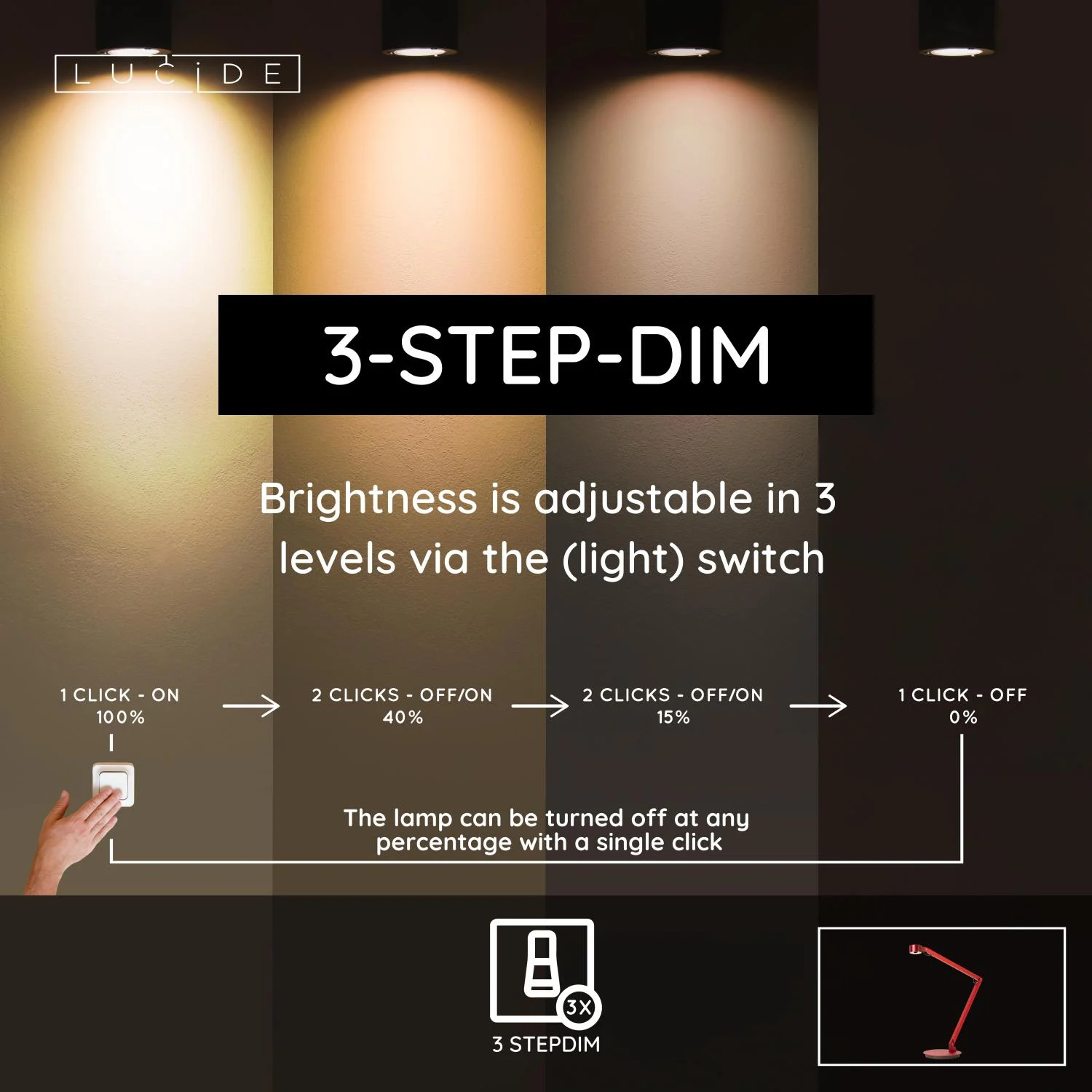 Lucide OGDEN - Stolnu00e1 lampa - LED 3 StepDim - 1x7W 3000K - u010dervenu00e1 | Pru00e9miovu00e9