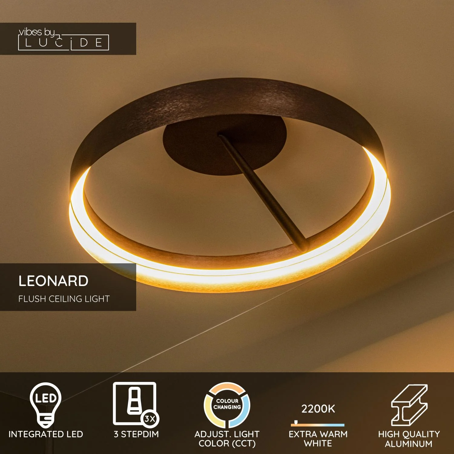 Lucide LEONARD - Zapustenu00e9 stropnu00e9 svetlo - u00d8 54,5 cm- LED 3 StepDim - CCT - 1x35W 2200K/3000K - Ku00e1va - Vibes