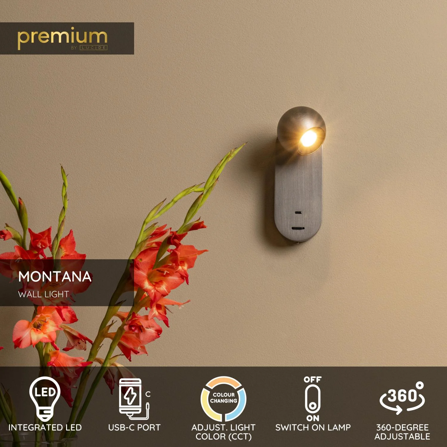Lucide MONTANA - Nu00e1stennu00e9 svetlo - LED - CCT - 1x6,3W 2700K/4000K - S USB nabu00edjacu00edm bodom - Grey iron | Pru00e9miovu00e9
