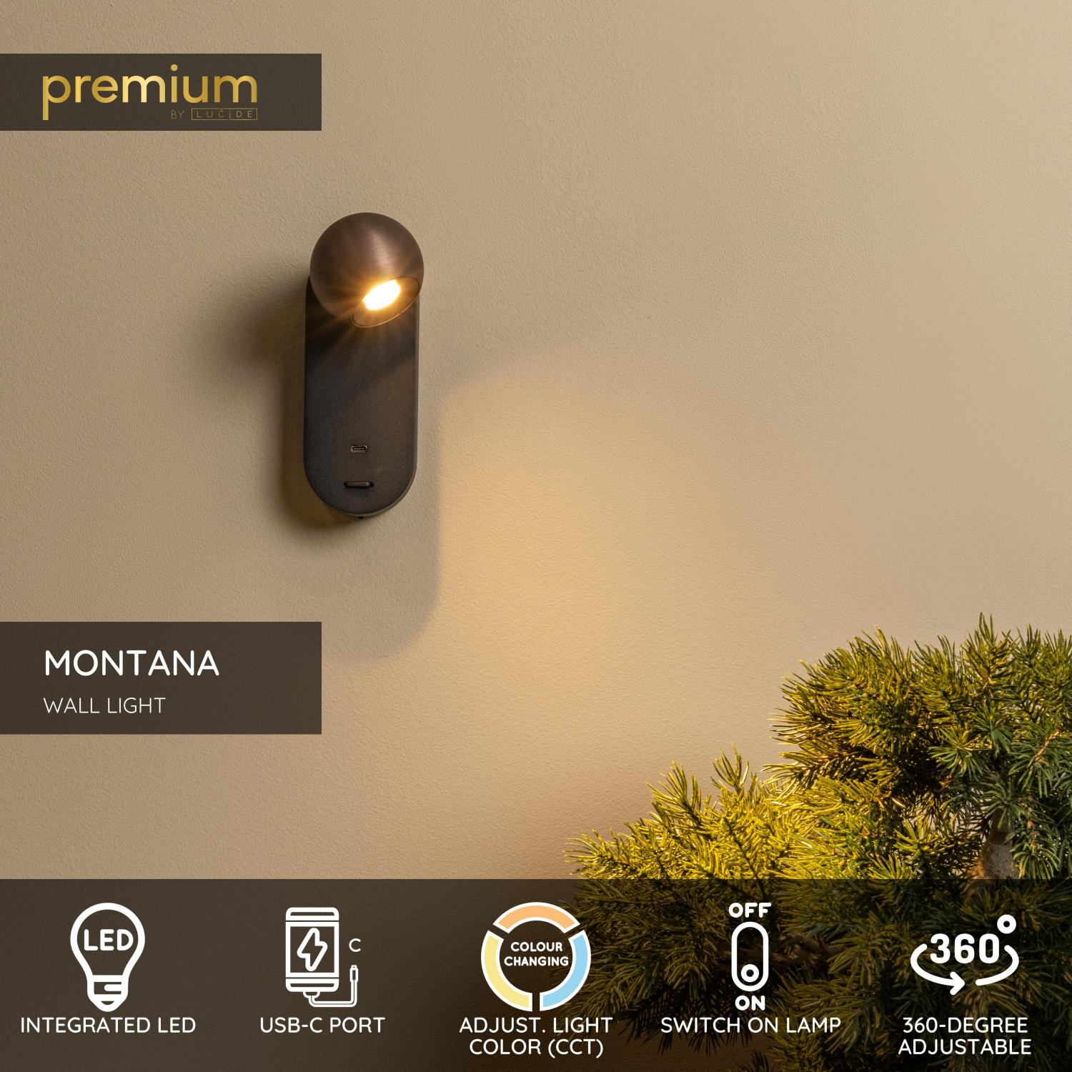 Lucide MONTANA - Nu00e1stennu00e9 svetlo - LED - CCT - 1x6,3W 2700K/4000K - S USB nabu00edjacu00edm bodom - Coffee | Pru00e9miovu00e9