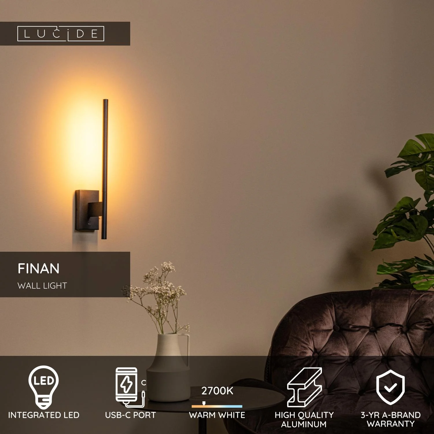 Lucide FINAN - Nu00e1stennu00e9 svetlo - LED - 1x6W 2700K - s USB nabu00edjacu00edm bodom - u010dierna
