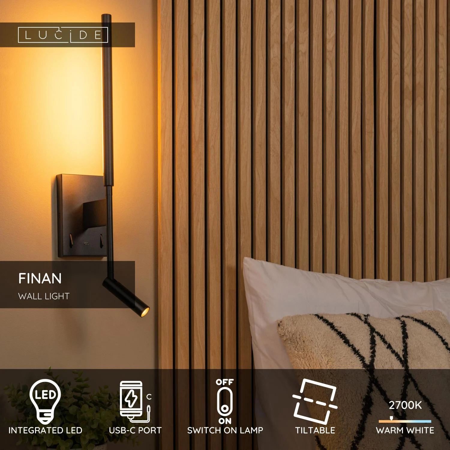 Lucide FINAN - Nu00e1stennu00e9 svetlo - LED - 2700K - S USB nabu00edjacu00edm bodom - u010dierna