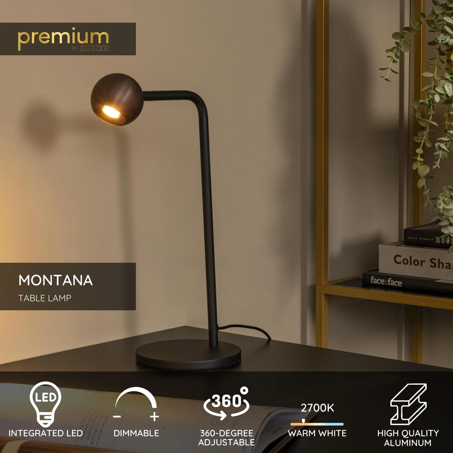 Lucide MONTANA - Stolnu00e1 lampa - LED tlmenu00e1. - 1x5W 2700K - Ku00e1va | Pru00e9miovu00e9