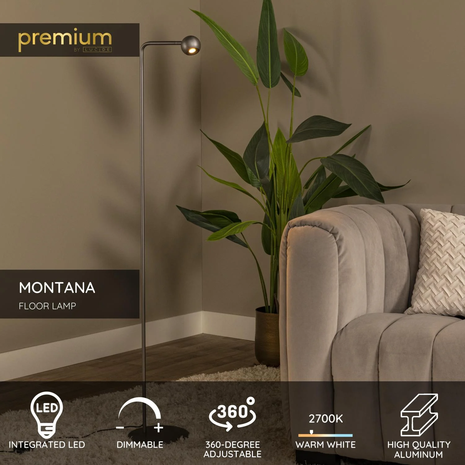 Lucide MONTANA - Stojacia lampa - LED tlmenu00e1 - 1x6,3W 2700K - sivu00e9 u017eelezo | Pru00e9miovu00e9