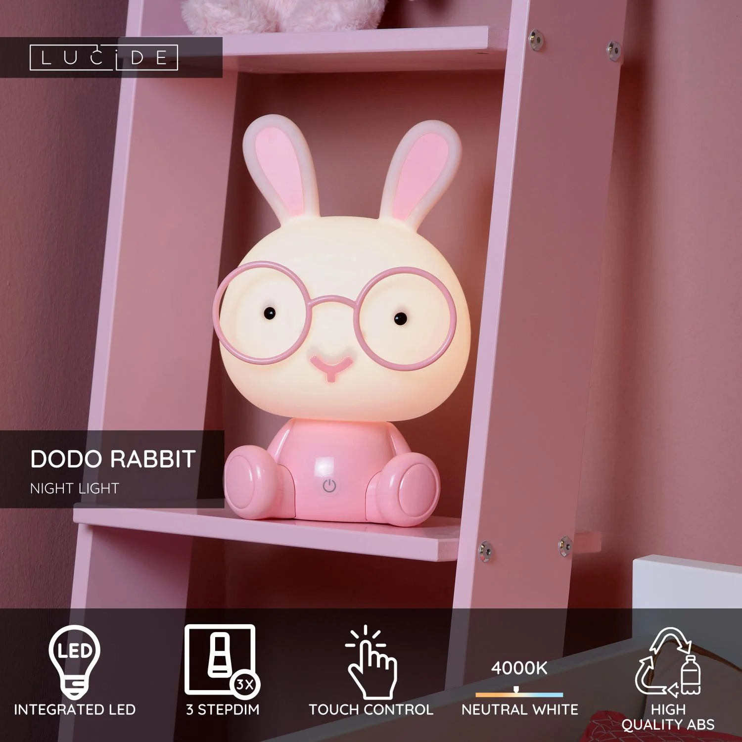 Lucide DODO RABBIT - Nou010dnu00e9 svetlo pre deti - LED 3 StepDim - 1x3W 4000K - Ruu017eovu00e1