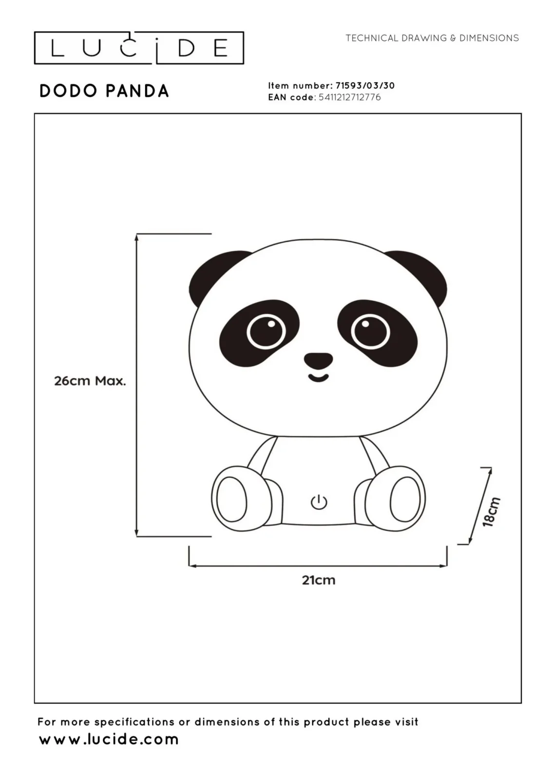 Lucide DODO PANDA - Nou010dnu00e9 svetlo pre deti - LED 3 StepDim - 1x3W 4000K - u010dierna