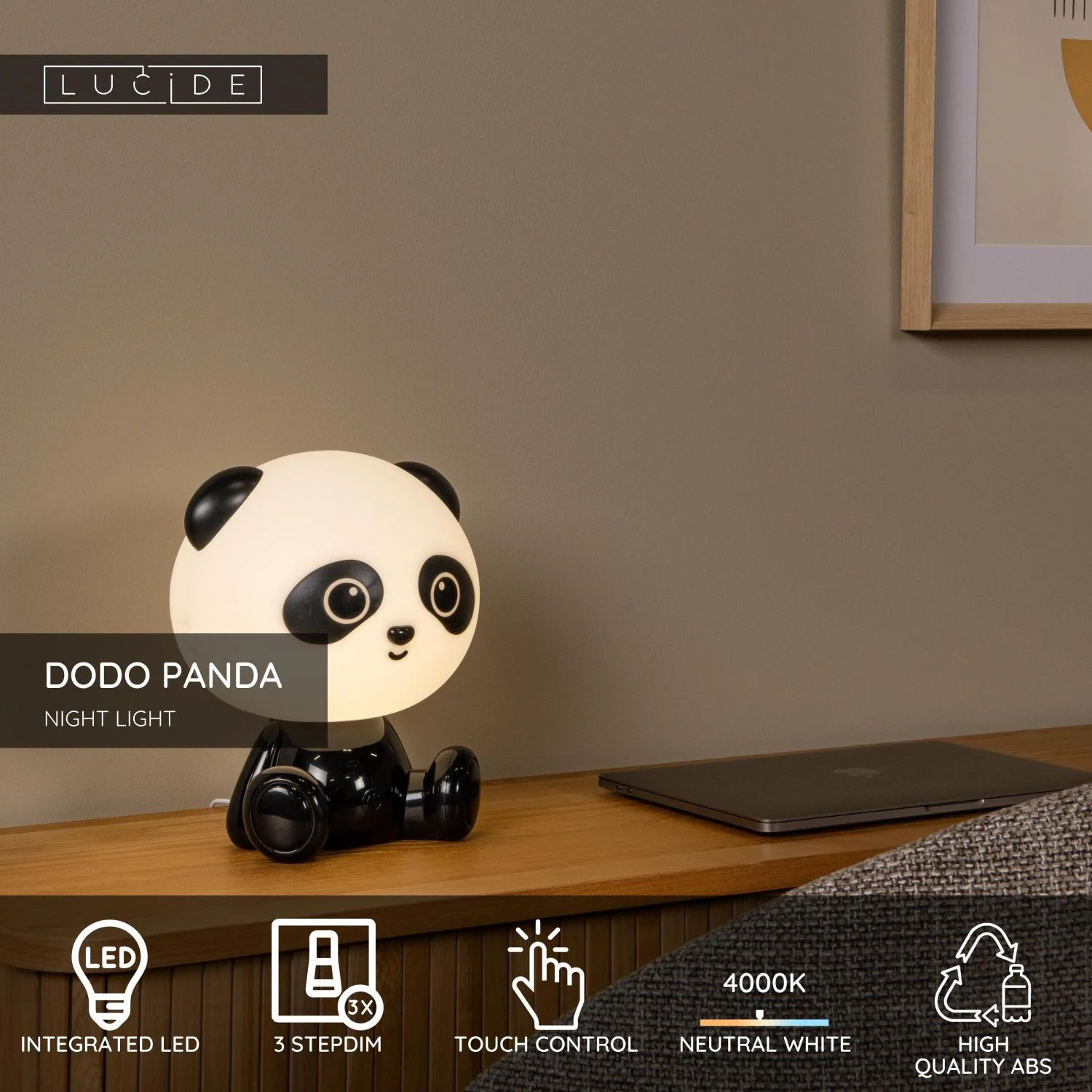 Lucide DODO PANDA - Nou010dnu00e9 svetlo pre deti - LED 3 StepDim - 1x3W 4000K - u010dierna