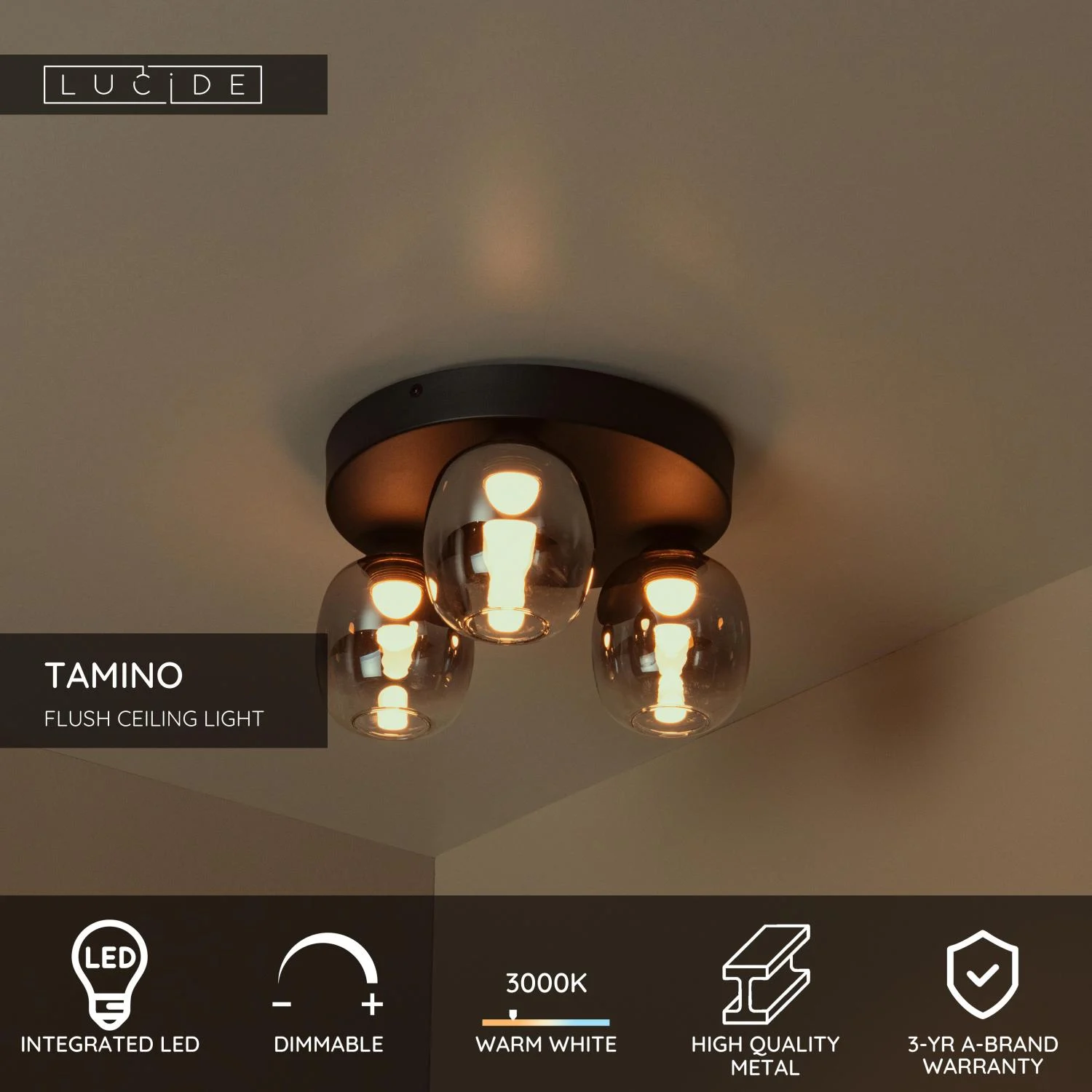 Lucide TAMINO - Zapustenu00e9 stropnu00e9 svetlo - LED tlmenu00e9. - 3x5,6W 3000K - u010dierne