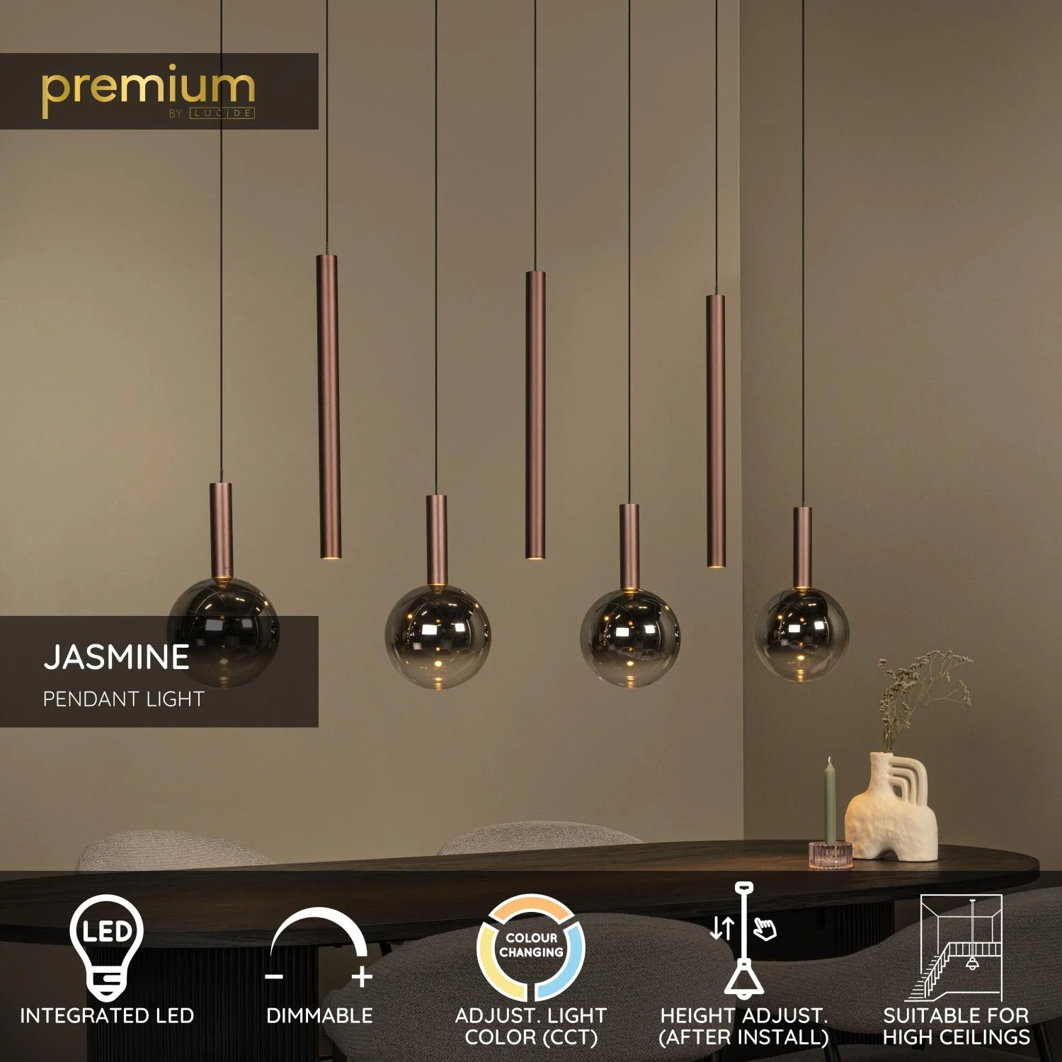Lucide JASMINE - Zu00e1vesnu00e9 svetlo - LED tlmenu00e9 - CCT - 7x4W 2200K/3300K - Vhodnu00e9 do priestorov s dvojposchodovou vu00fdu0161kou a vysoku00fdm stropom - Meu010f | Pru00e9miovu00e9