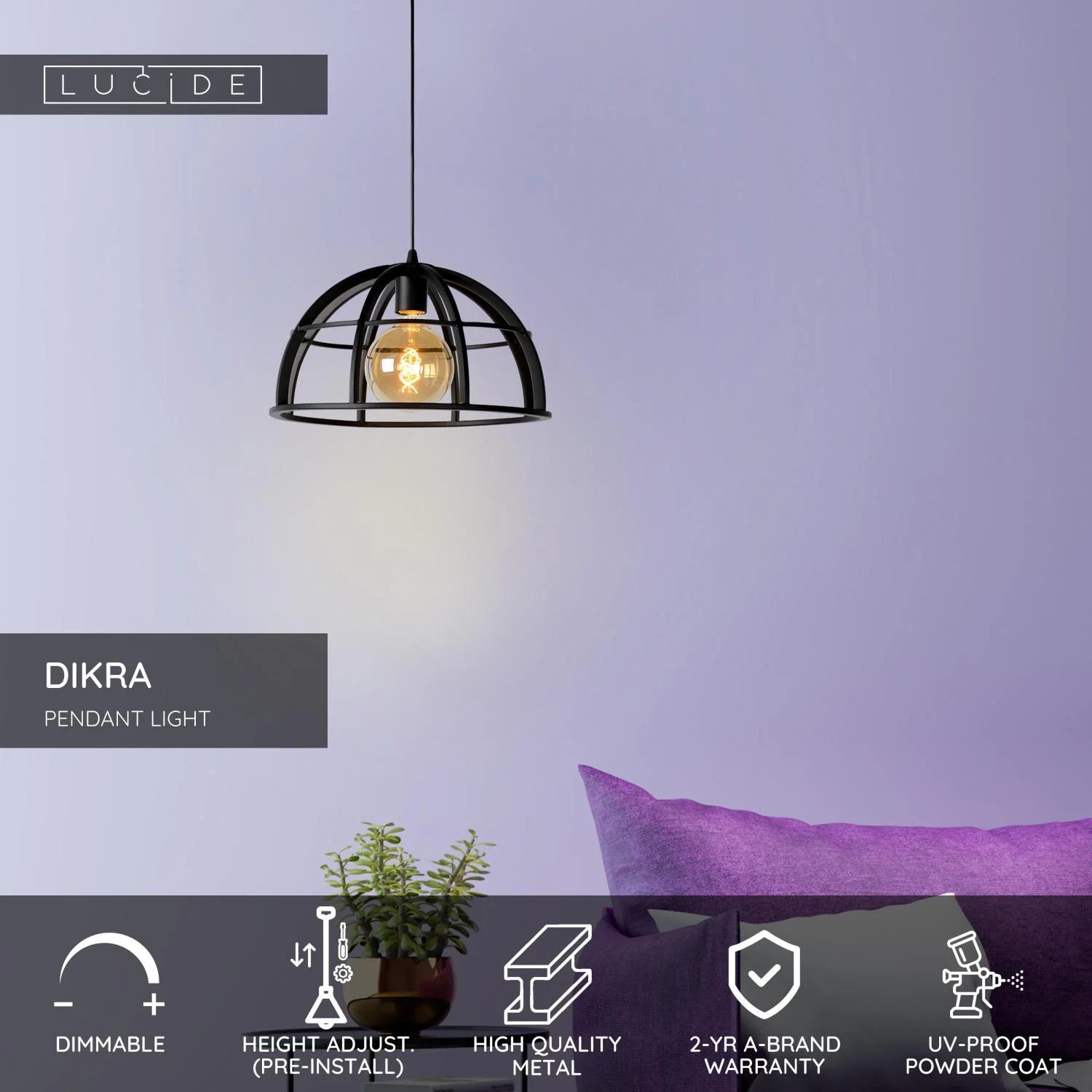 Lucide DIKRA - zu00e1vesnu00e9 svetlo - u00d8 40 cm - 1xE27 - u010dierna