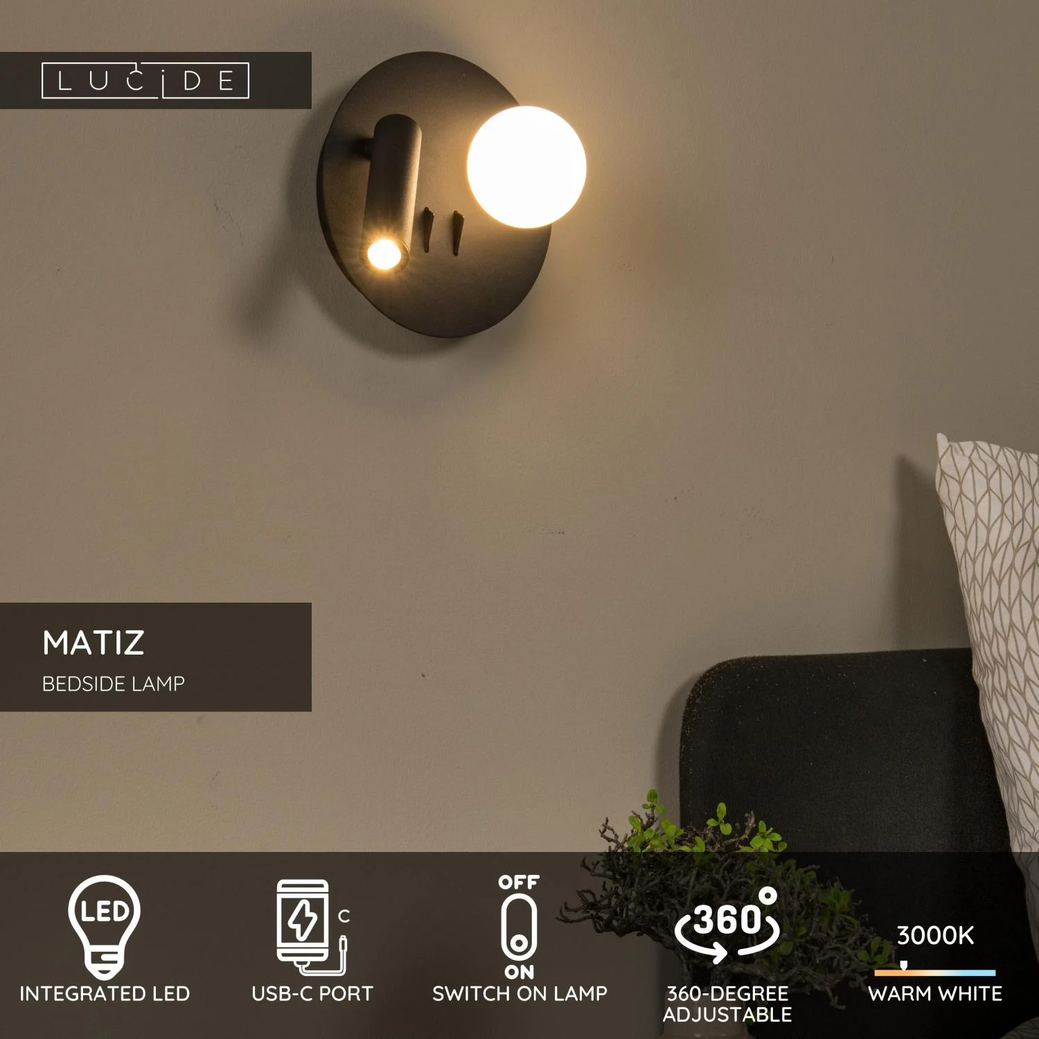 Lucide MATIZ - Nou010dnu00e1 lampa / nu00e1stennu00e9 svetlo - u00d8 16,5 cm - LED - 3000K - s USB nabu00edjacu00edm bodom - u010dierna