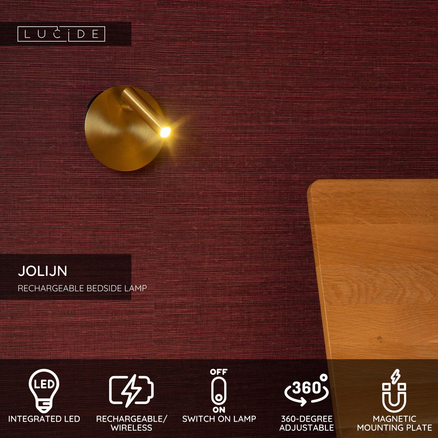 Lucide JOLIJN - Nabu00edjateu013enu00e1 nou010dnu00e1 lampa / nu00e1stennu00e9 svetlo - Batu00e9riovu00fd balu00edk - u00d8 10,2 cm - LED - 1x2W 3000K - Magneticku00e1 - Matt Gold / Mosadz