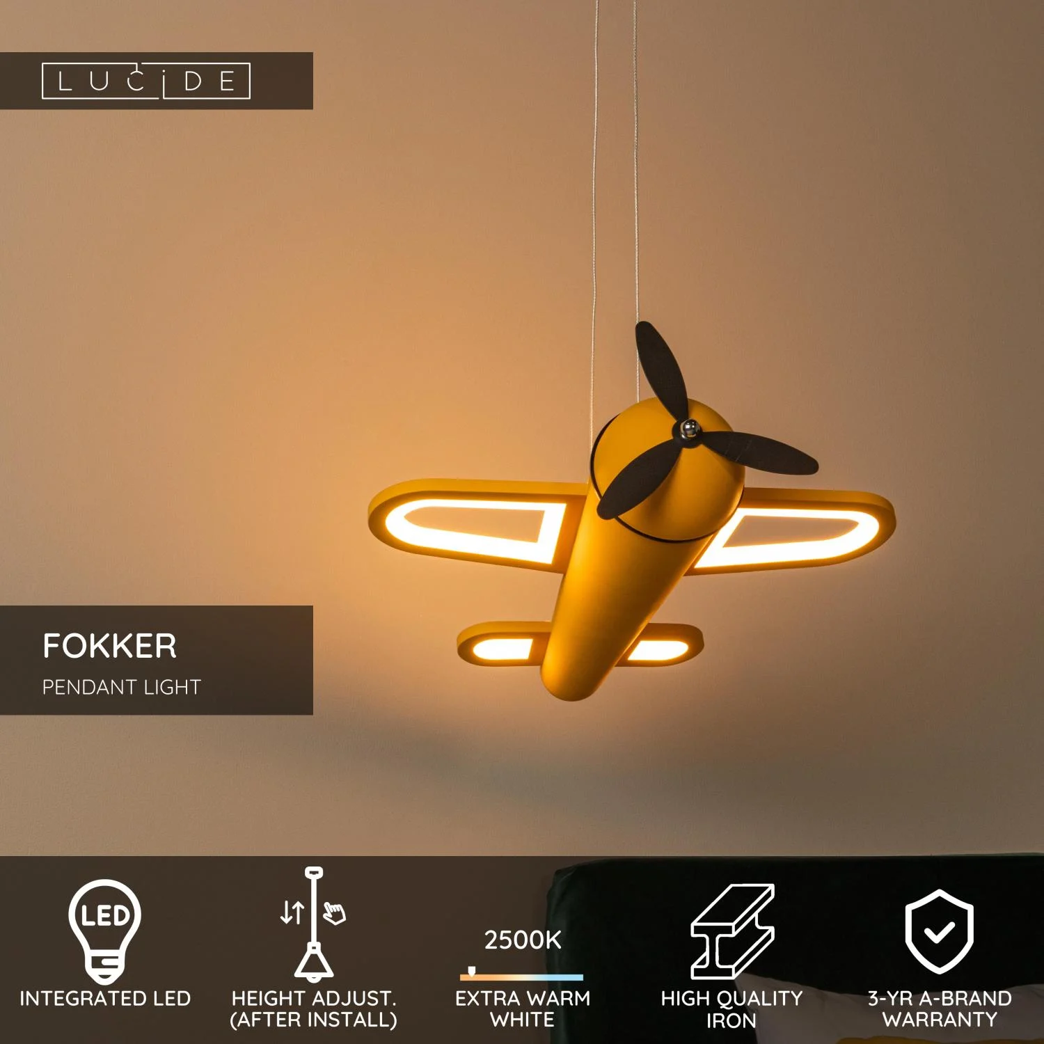 Lucide FOKKER - Zu00e1vesnu00e9 svetlo pre deti - LED - 1x28W 2500K - u017eltu00e1