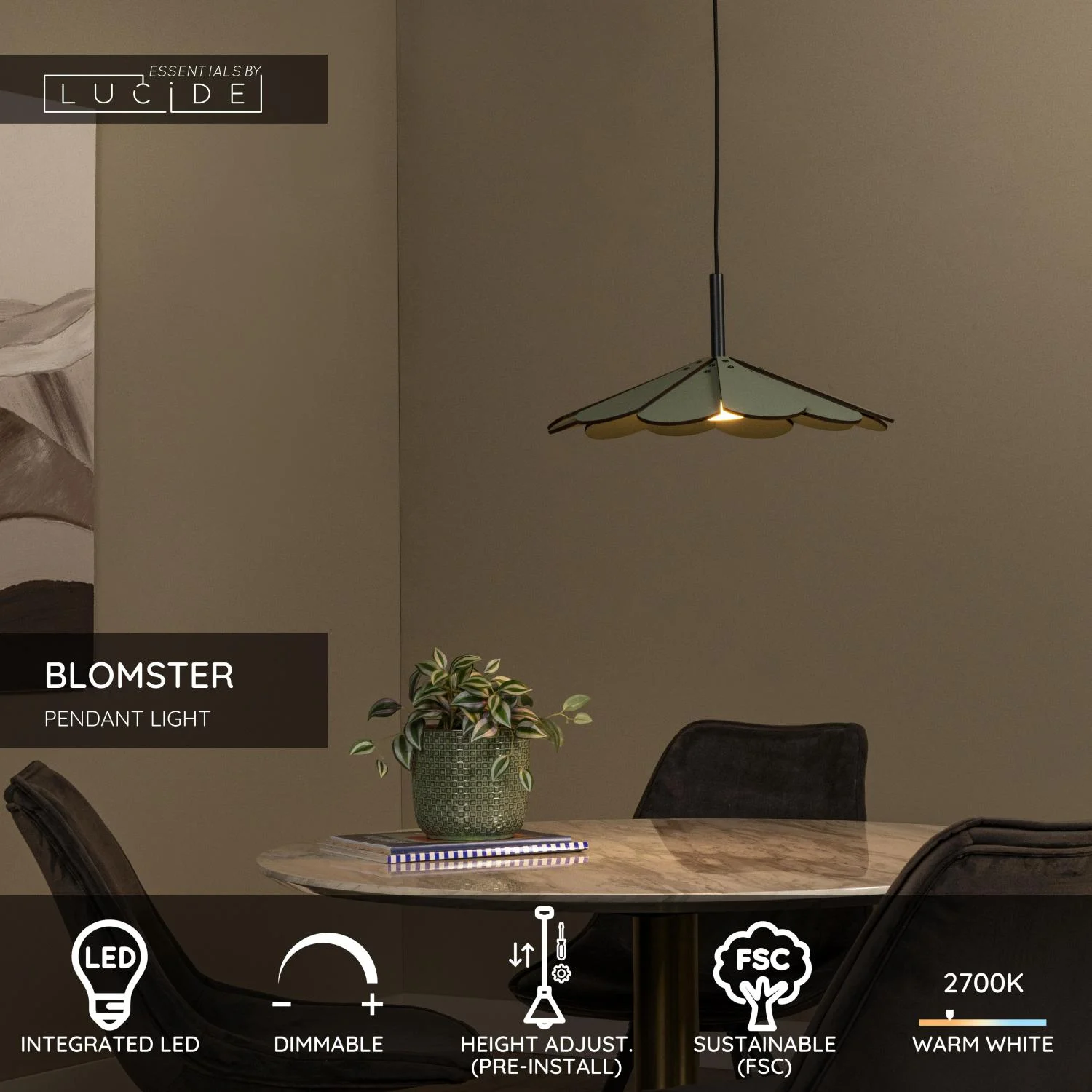 Lucide BLOMSTER - Zu00e1vesnu00e9 svetlo - u00d8 47 cm - LED tlmenu00e9 - 1x9W 2700K - zelenu00e9 | Essential
