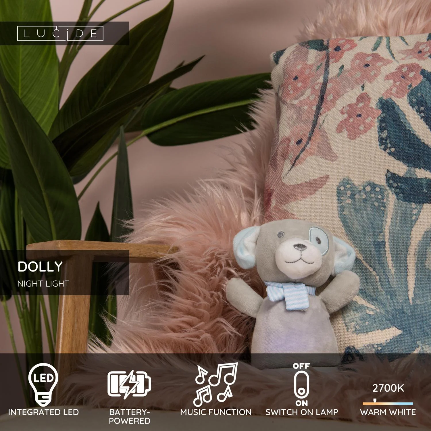 Lucide DOLLY - nou010dnu00e9 svetlo pre deti - batu00e9rie - LED - 1x3W 2700K - s hudobnou funkciou - sivu00e1