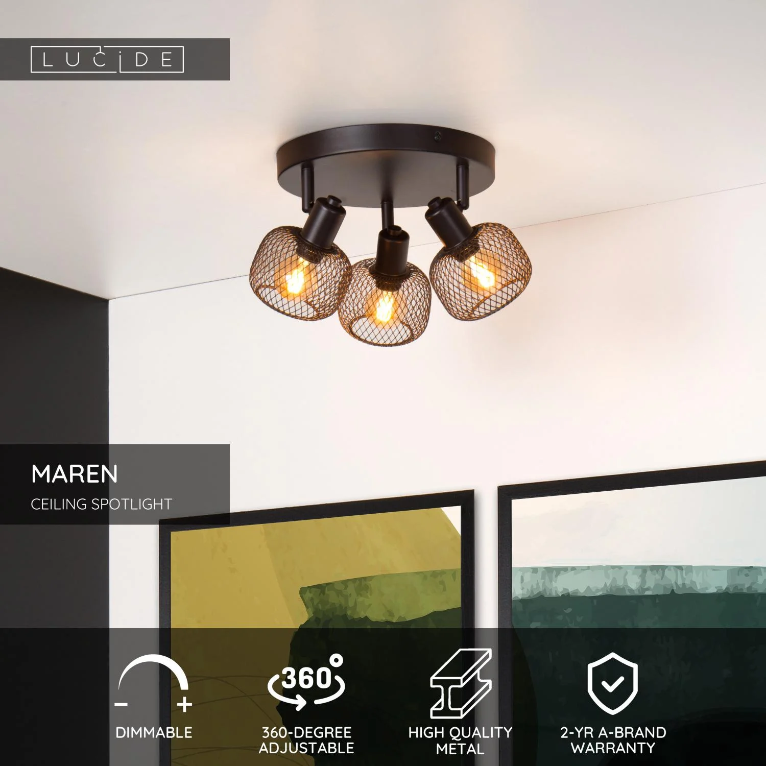 Lucide MAREN - Stropnu00e9 reflektory - u00d8 37 cm - 3xE14 - u010dierna