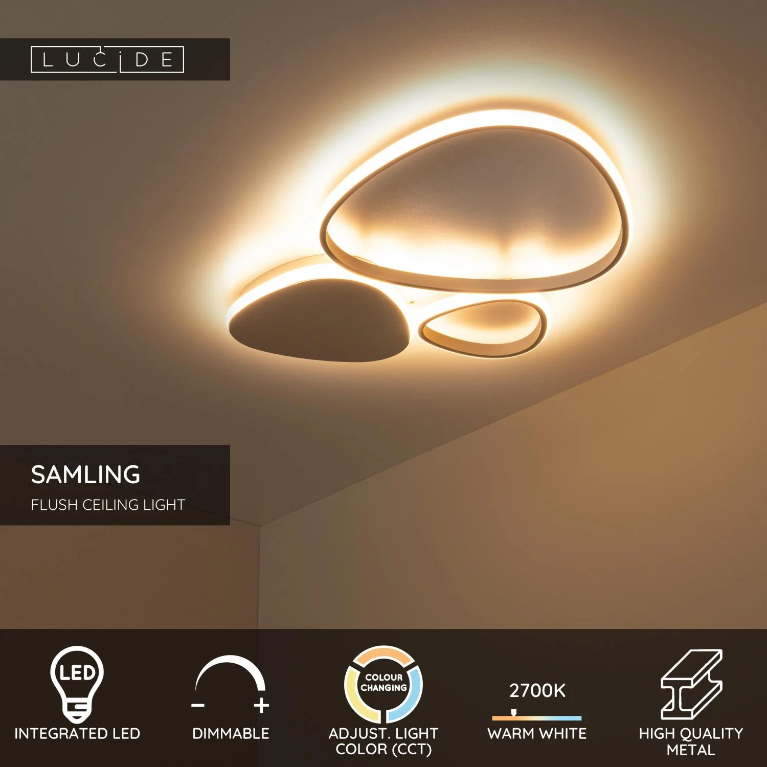 Lucide SAMLING - Zapustenu00e9 stropnu00e9 svetlo - LED tlmenu00e9. - CCT - 1x30W 2700K/4000K - Taupe