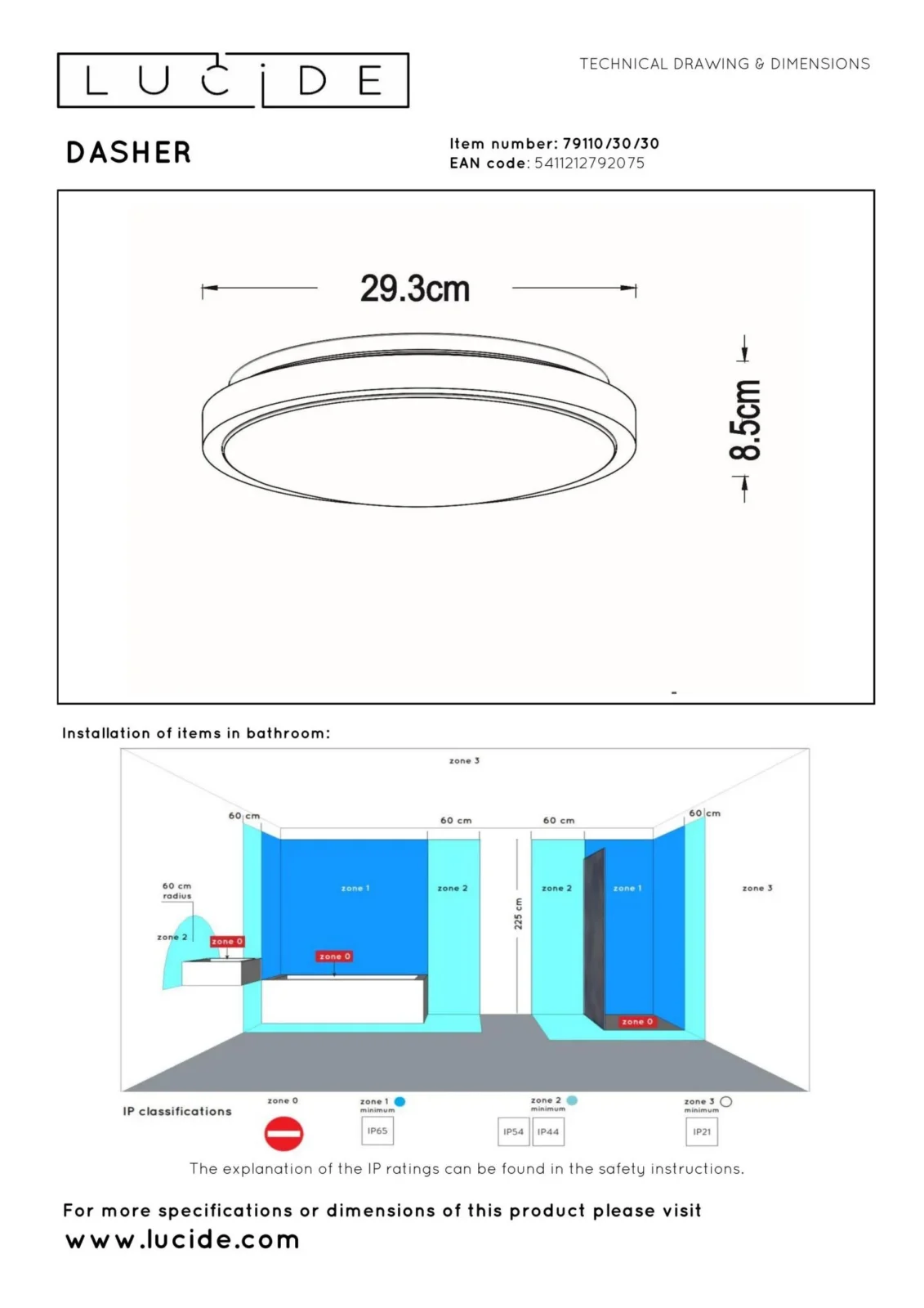 Lucide DASHER - Spu00fau0161u0165acie stropnu00e9 svetlo Ku00fapeu013eu0148a - u00d8 29,3 cm - LED - 1x12W 2700K - IP44 - Pohybovu00fd senzor - u010dierny