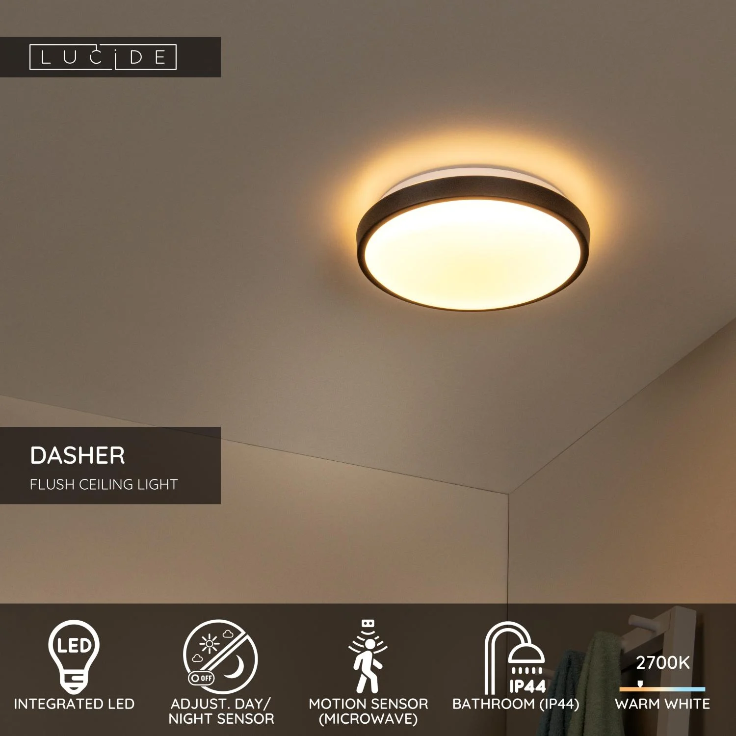 Lucide DASHER - Spu00fau0161u0165acie stropnu00e9 svetlo Ku00fapeu013eu0148a - u00d8 29,3 cm - LED - 1x12W 2700K - IP44 - Pohybovu00fd senzor - u010dierny