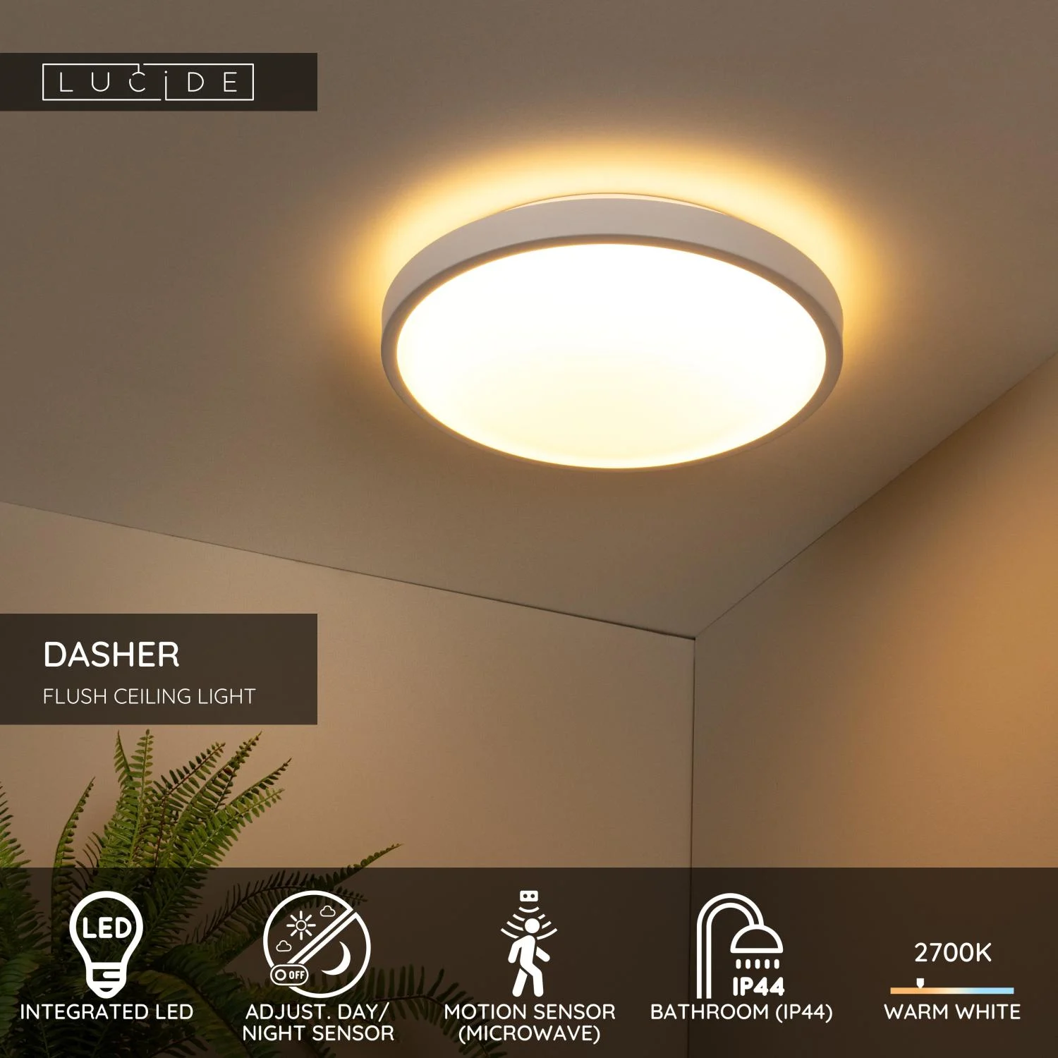 Lucide DASHER - Spu00fau0161u0165acie stropnu00e9 svetlo Ku00fapeu013eu0148a - u00d8 41 cm - LED - 1x24W 2700K - IP44 - Pohybovu00fd senzor - biela