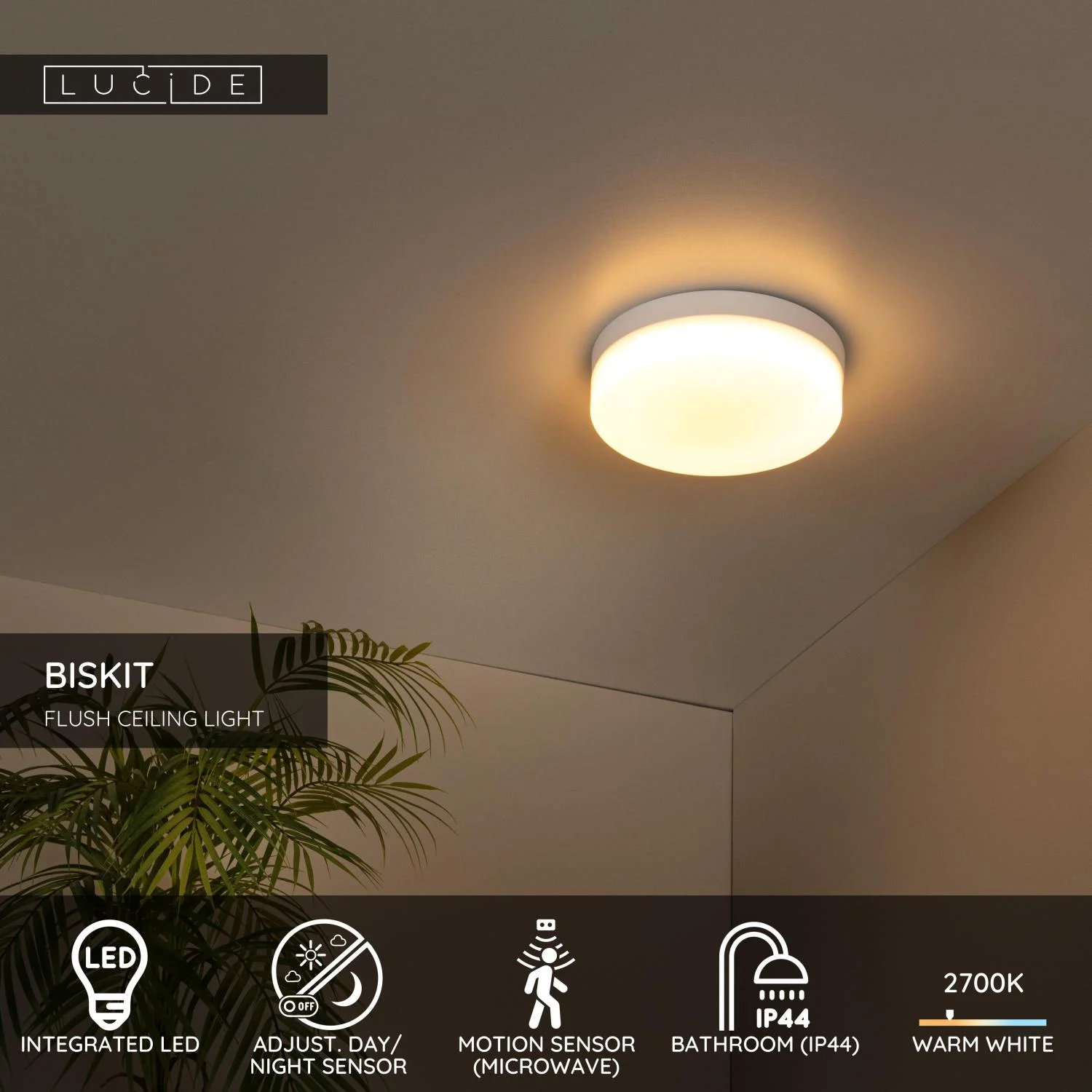 Lucide BISKIT - Spu00fau0161u0165acie stropnu00e9 svetlo Ku00fapeu013eu0148a - u00d8 23 cm - LED - 1x12W 2700K - IP44 - Pohybovu00fd senzor - biela