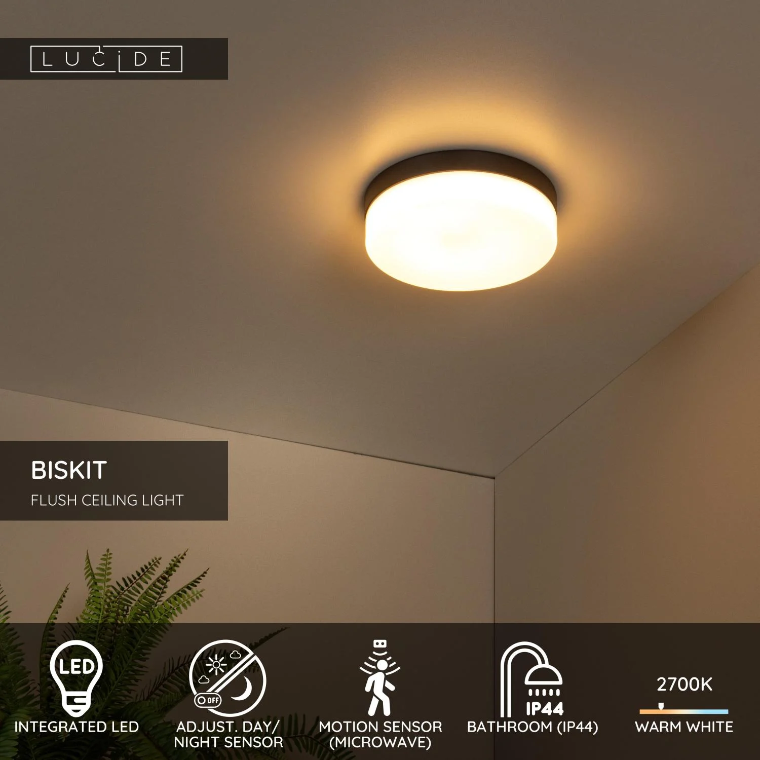 Lucide BISKIT - Spu00fau0161u0165acie stropnu00e9 svetlo Ku00fapeu013eu0148a - u00d8 28 cm - LED - 1x18W 2700K - IP44 - Pohybovu00fd senzor - u010dierna