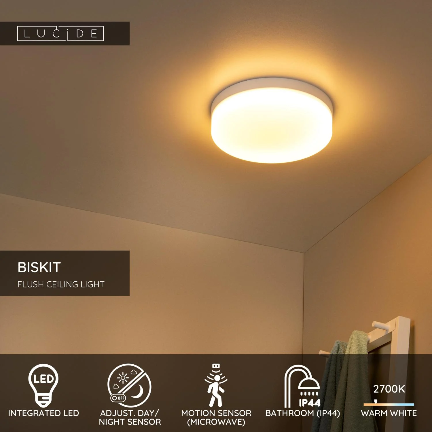 Lucide BISKIT - Spu00fau0161u0165acie stropnu00e9 svetlo Ku00fapeu013eu0148a - u00d8 28 cm - LED - 1x18W 2700K - IP44 - Pohybovu00fd senzor - biela