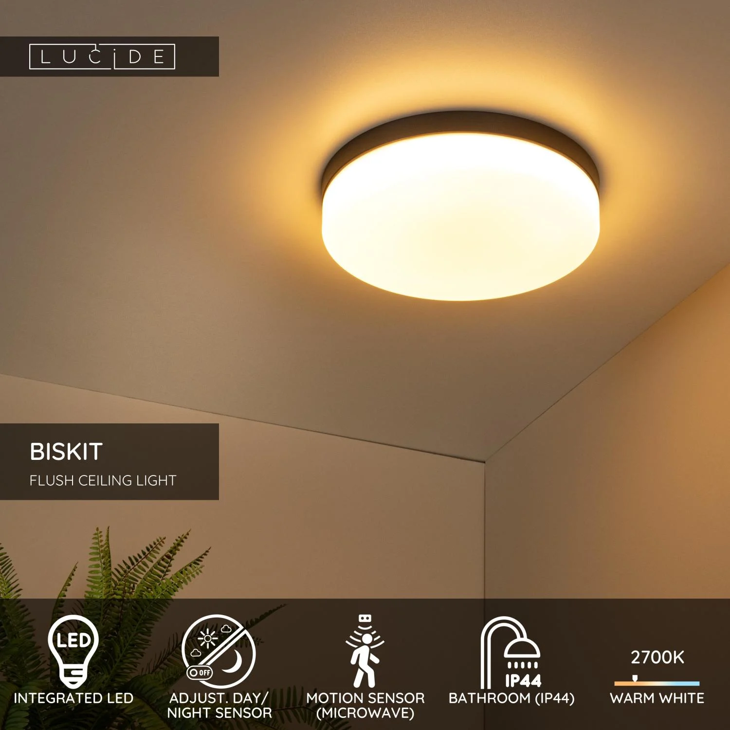 Lucide BISKIT - Spu00fau0161u0165acie stropnu00e9 svetlo Ku00fapeu013eu0148a - u00d8 34,5 cm - LED - 1x24W 2700K - IP44 - Pohybovu00fd senzor - u010dierna