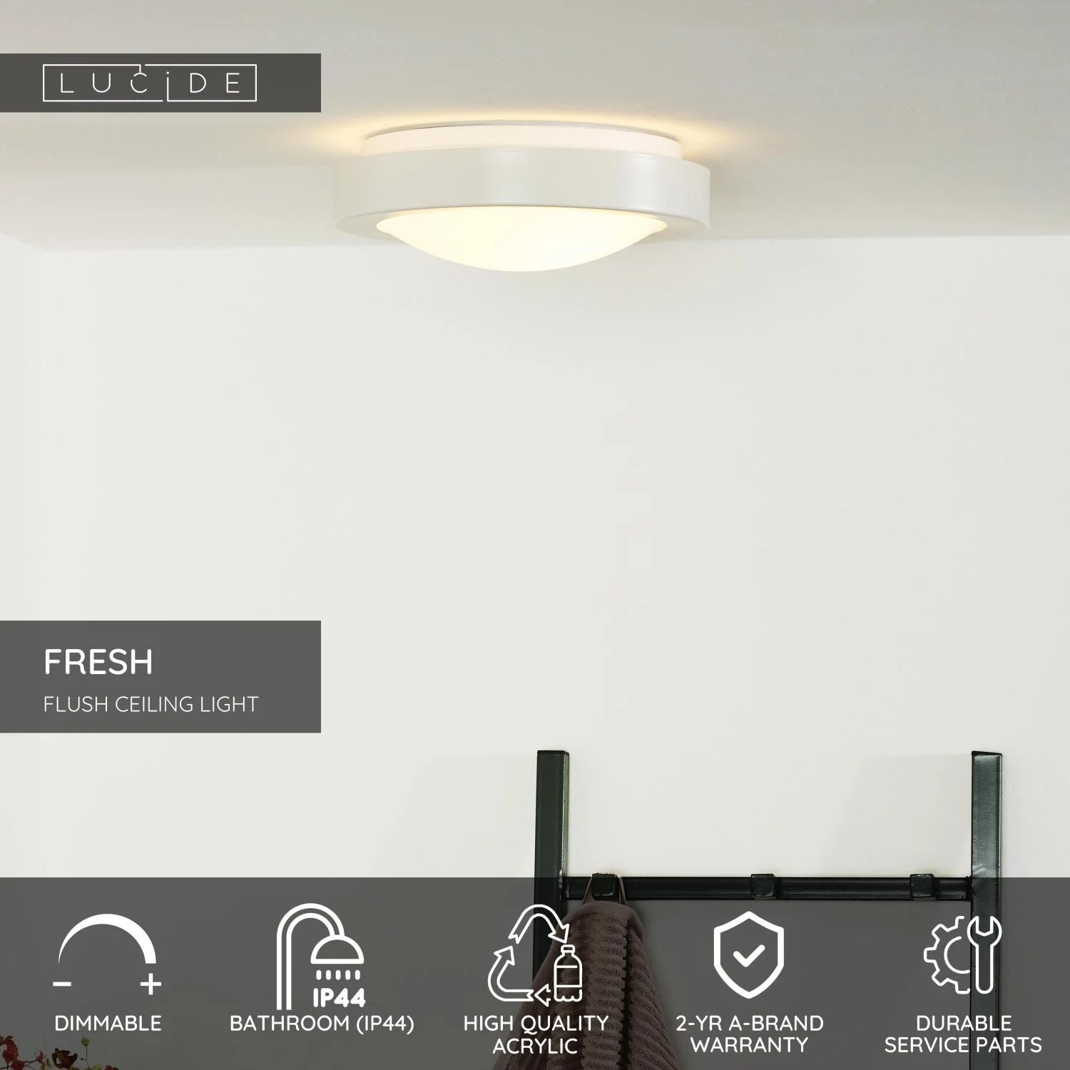 Lucide FRESH - Splachovacie stropnu00e9 svetlo Ku00fapeu013eu0148a - u00d8 27 cm - 1xE27 - IP44 - biela