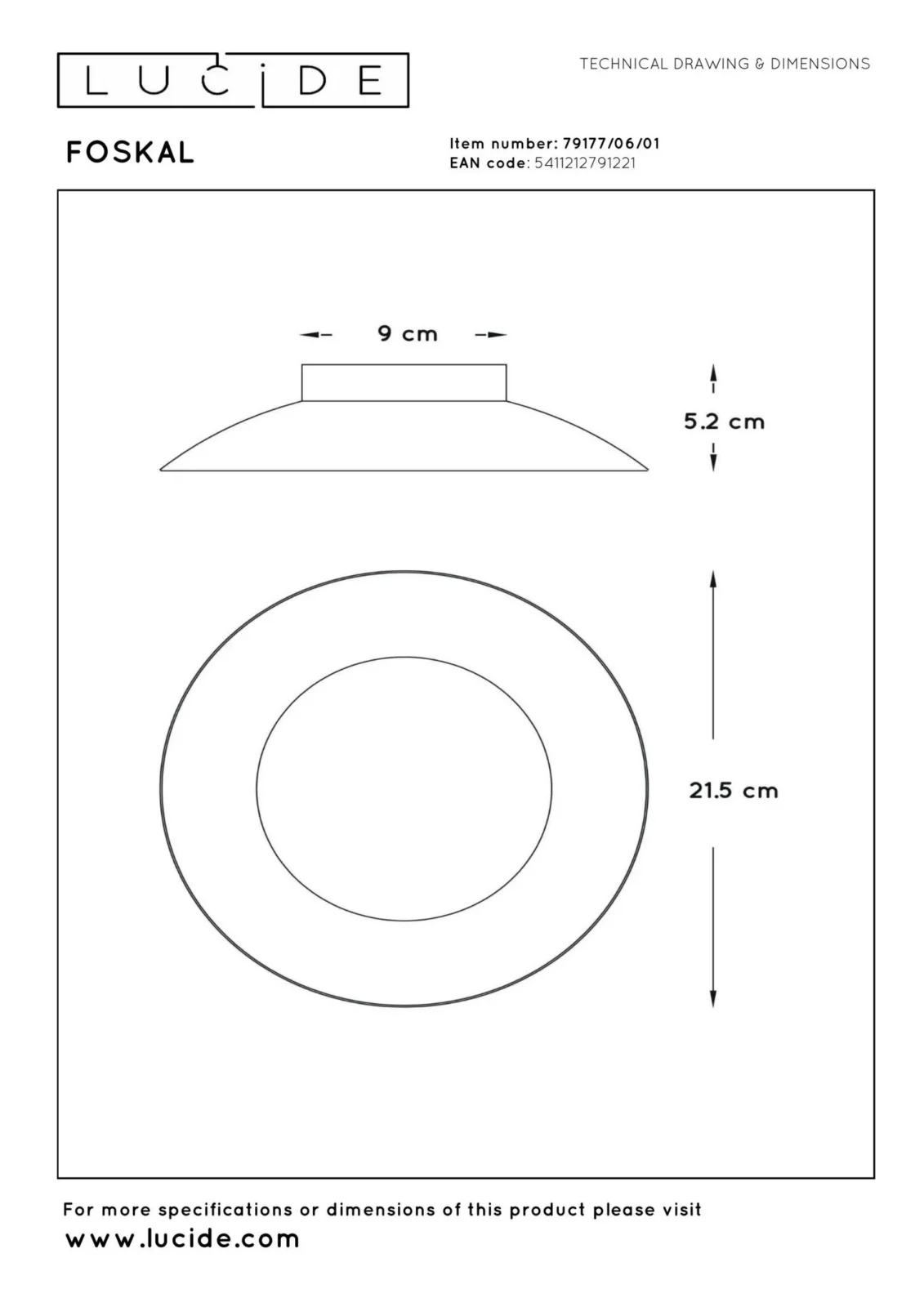 Lucide FOSKAL - Zapustenu00e9 stropnu00e9 svetlo - u00d8 21,5 cm - LED - 1x6W 2700K - mosadz