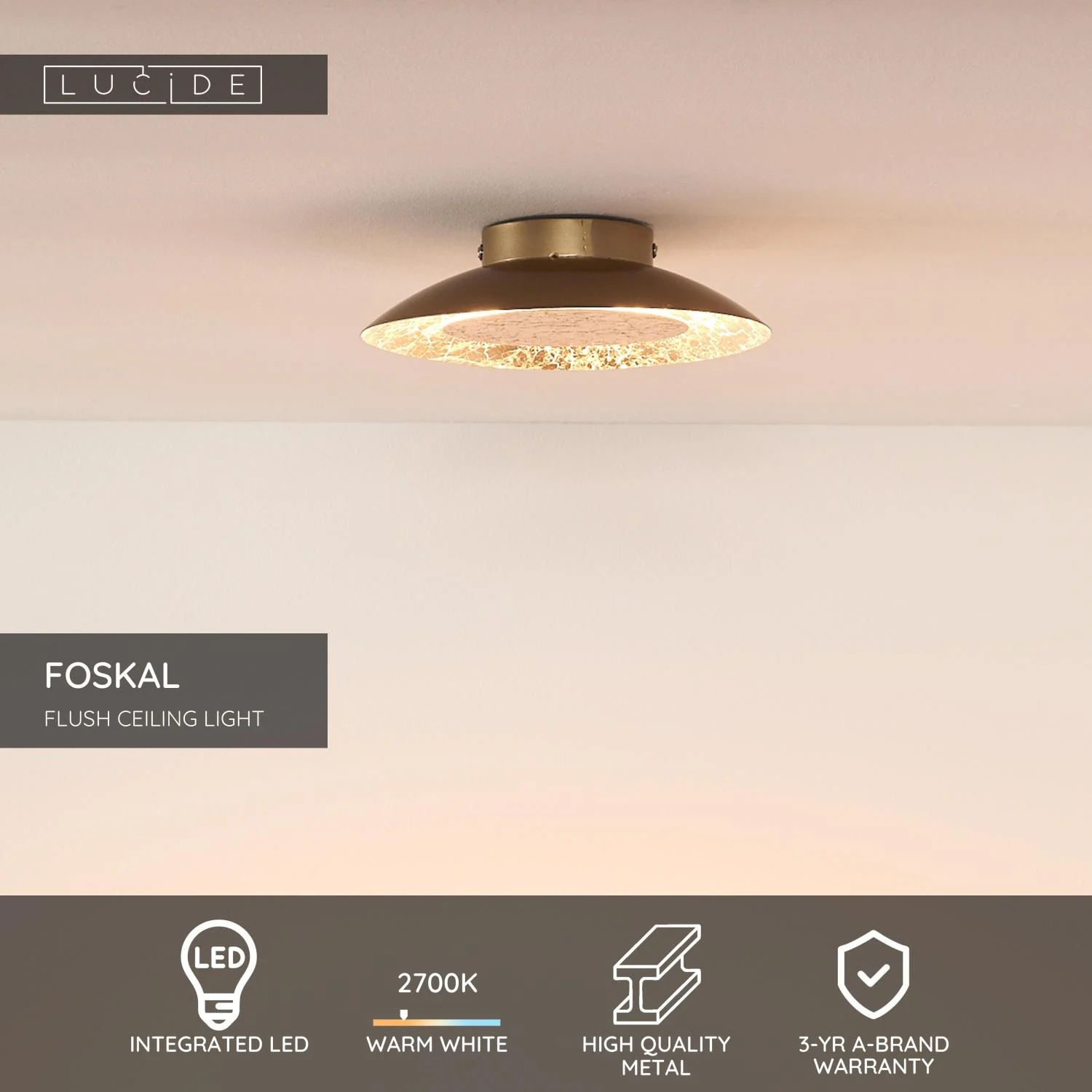 Lucide FOSKAL - Zapustenu00e9 stropnu00e9 svetlo - u00d8 21,5 cm - LED - 1x6W 2700K - mosadz