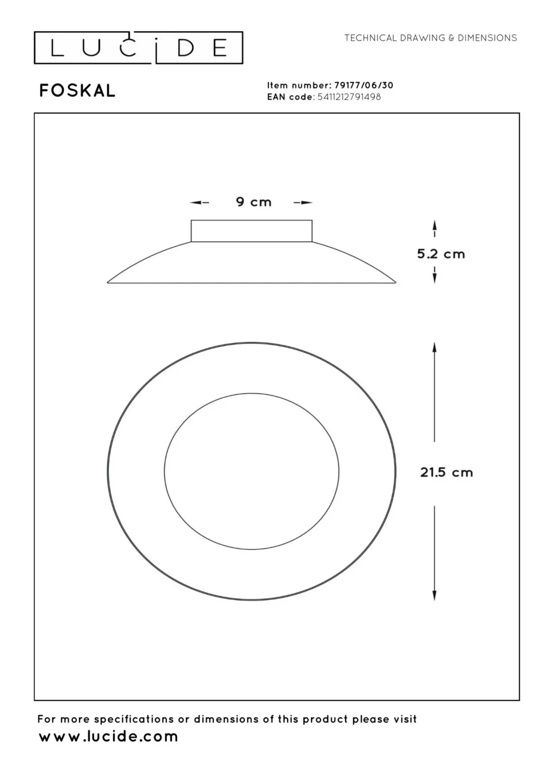 Lucide FOSKAL - Zapustenu00e9 stropnu00e9 svetlo - u00d8 21,5 cm - LED - 1x6W 2700K - u010dierna