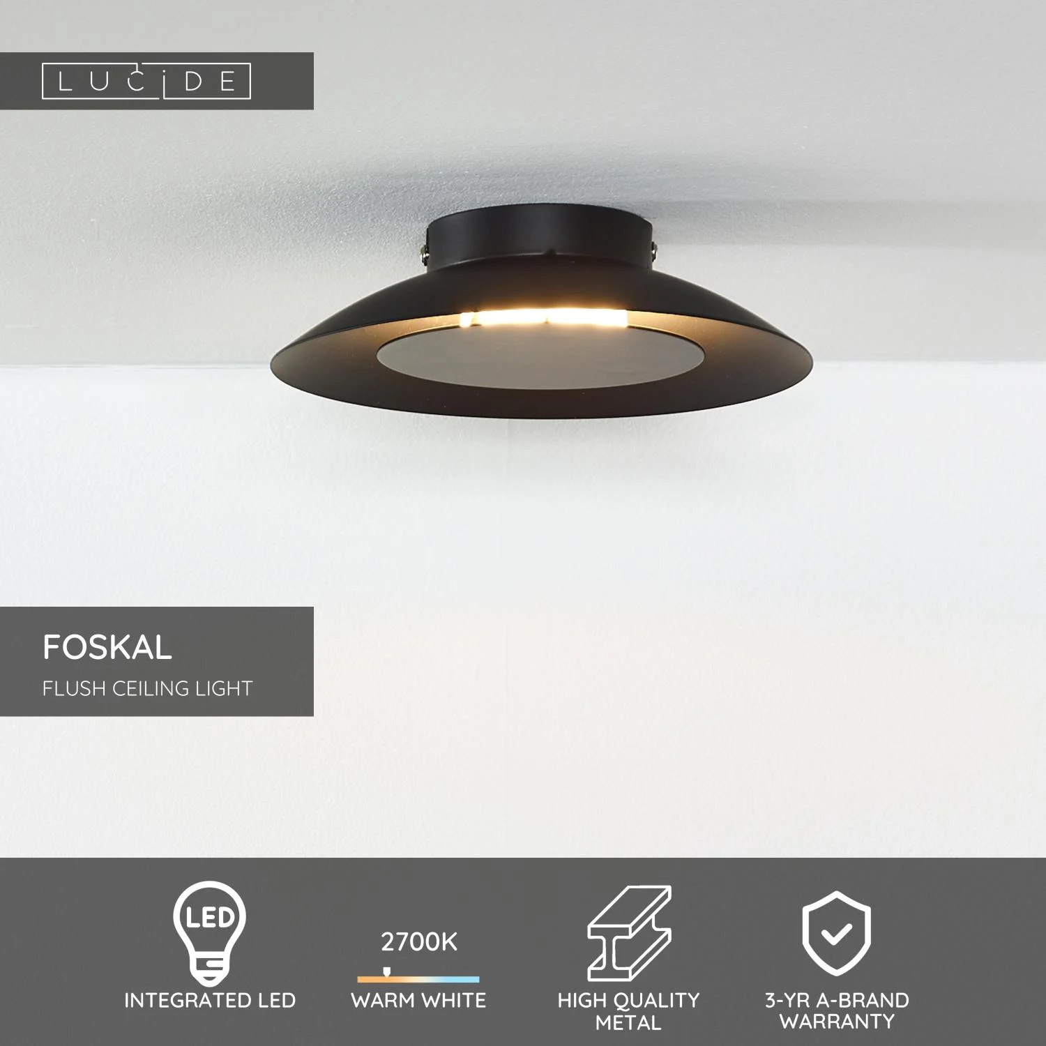 Lucide FOSKAL - Zapustenu00e9 stropnu00e9 svetlo - u00d8 21,5 cm - LED - 1x6W 2700K - u010dierna