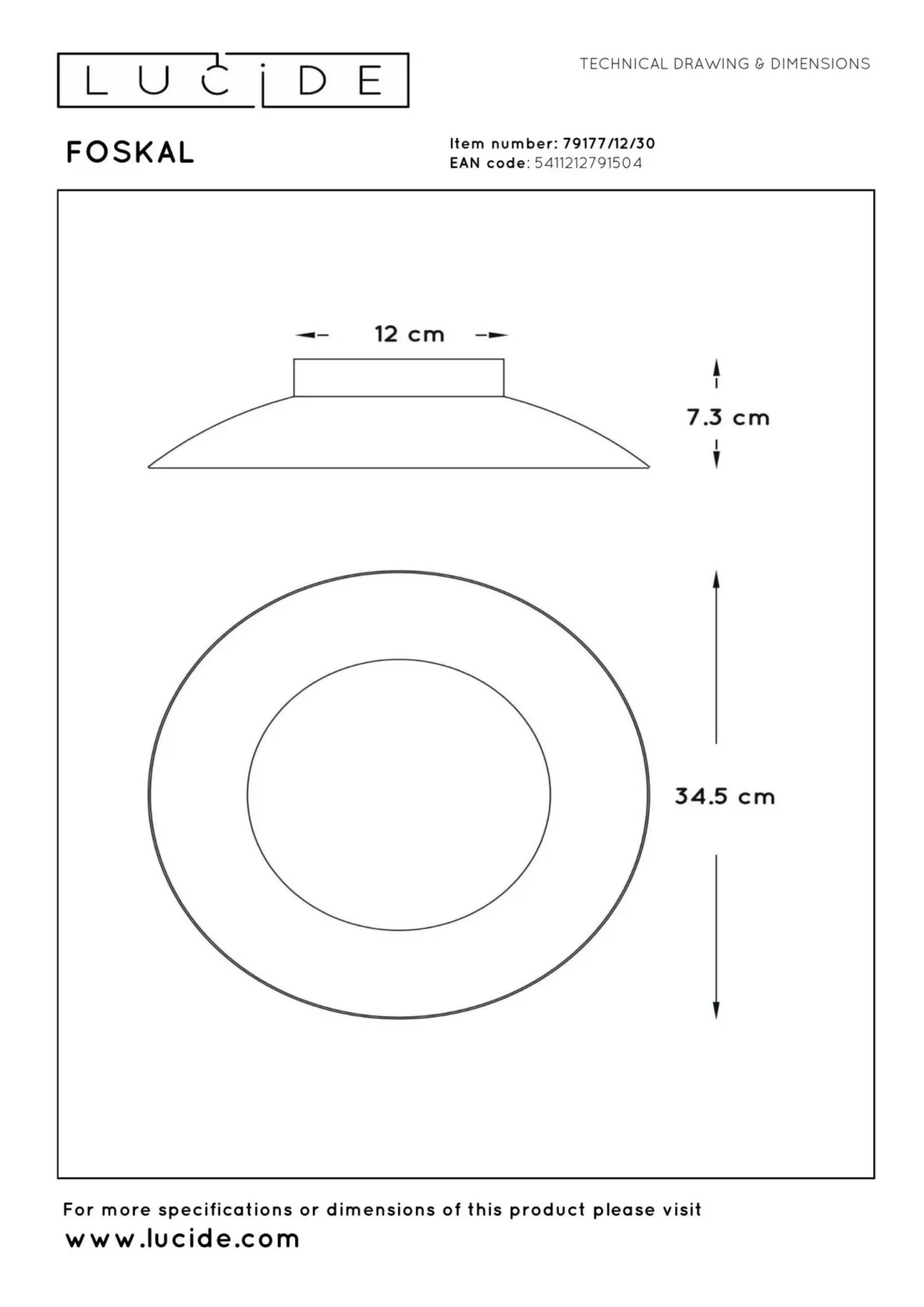 Lucide FOSKAL - Zapustenu00e9 stropnu00e9 svetlo - u00d8 34,5 cm - LED - 1x12W 2700K - u010dierna