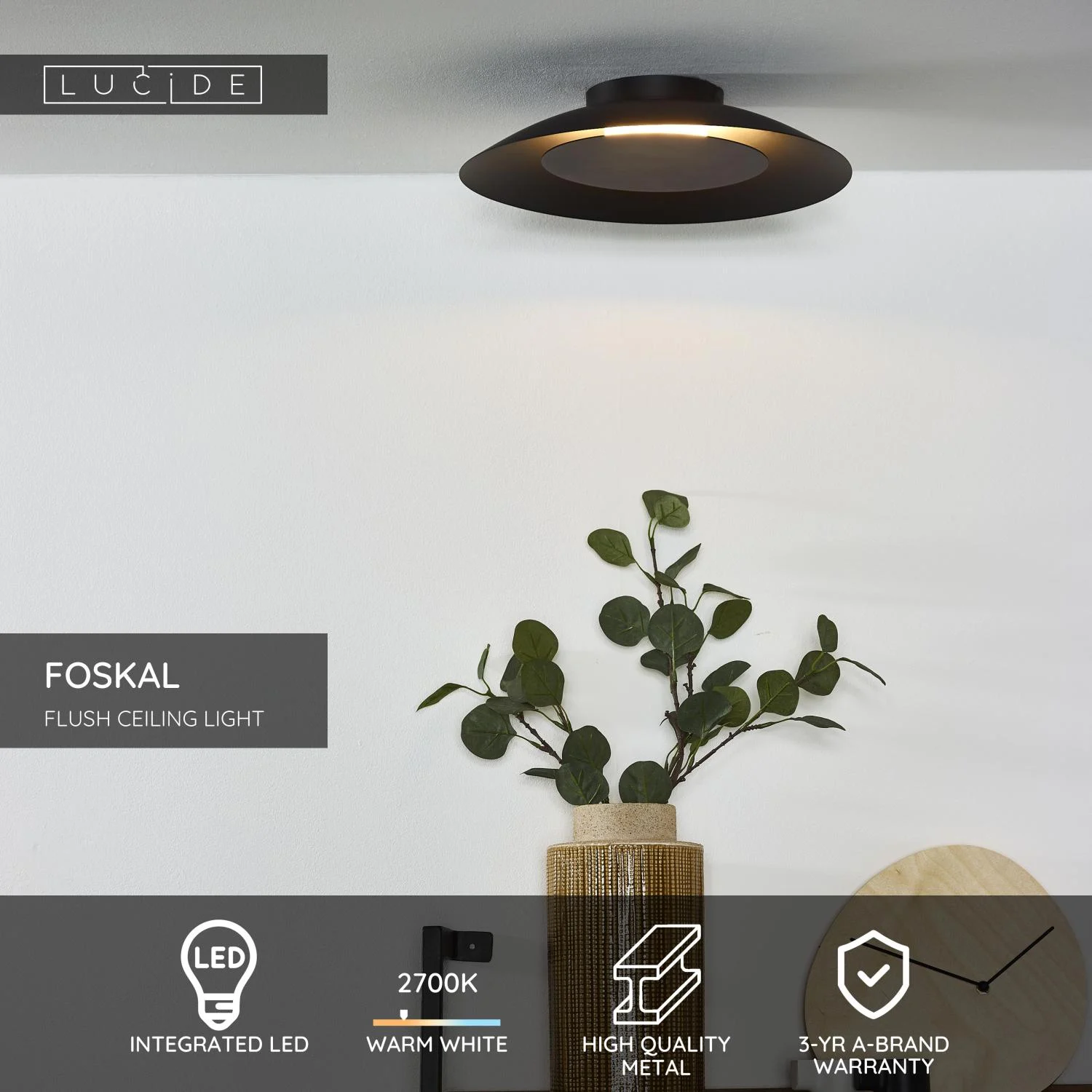 Lucide FOSKAL - Zapustenu00e9 stropnu00e9 svetlo - u00d8 34,5 cm - LED - 1x12W 2700K - u010dierna