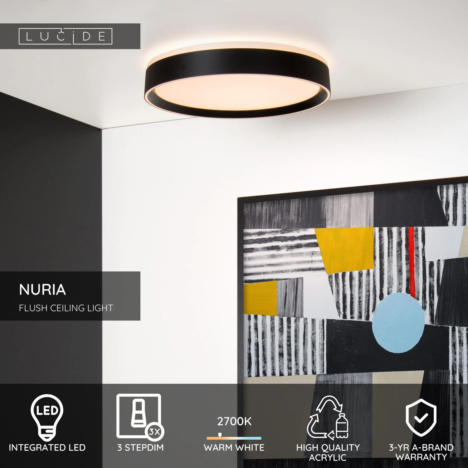 Lucide NURIA - Zapustenu00e9 stropnu00e9 svetlo - u00d8 40 cm - LED 3 StepDim - 1x24W 2700K - u010dierne
