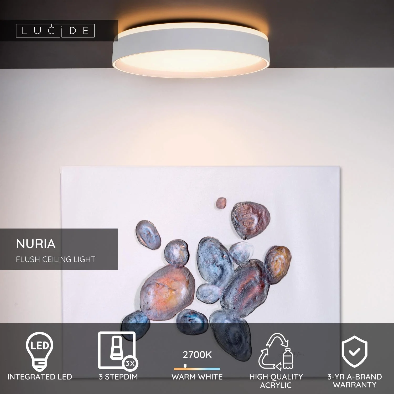 Lucide NURIA - Zapustenu00e9 stropnu00e9 svetlo - u00d8 40 cm - LED 3 StepDim - 1x24W 2700K - biela