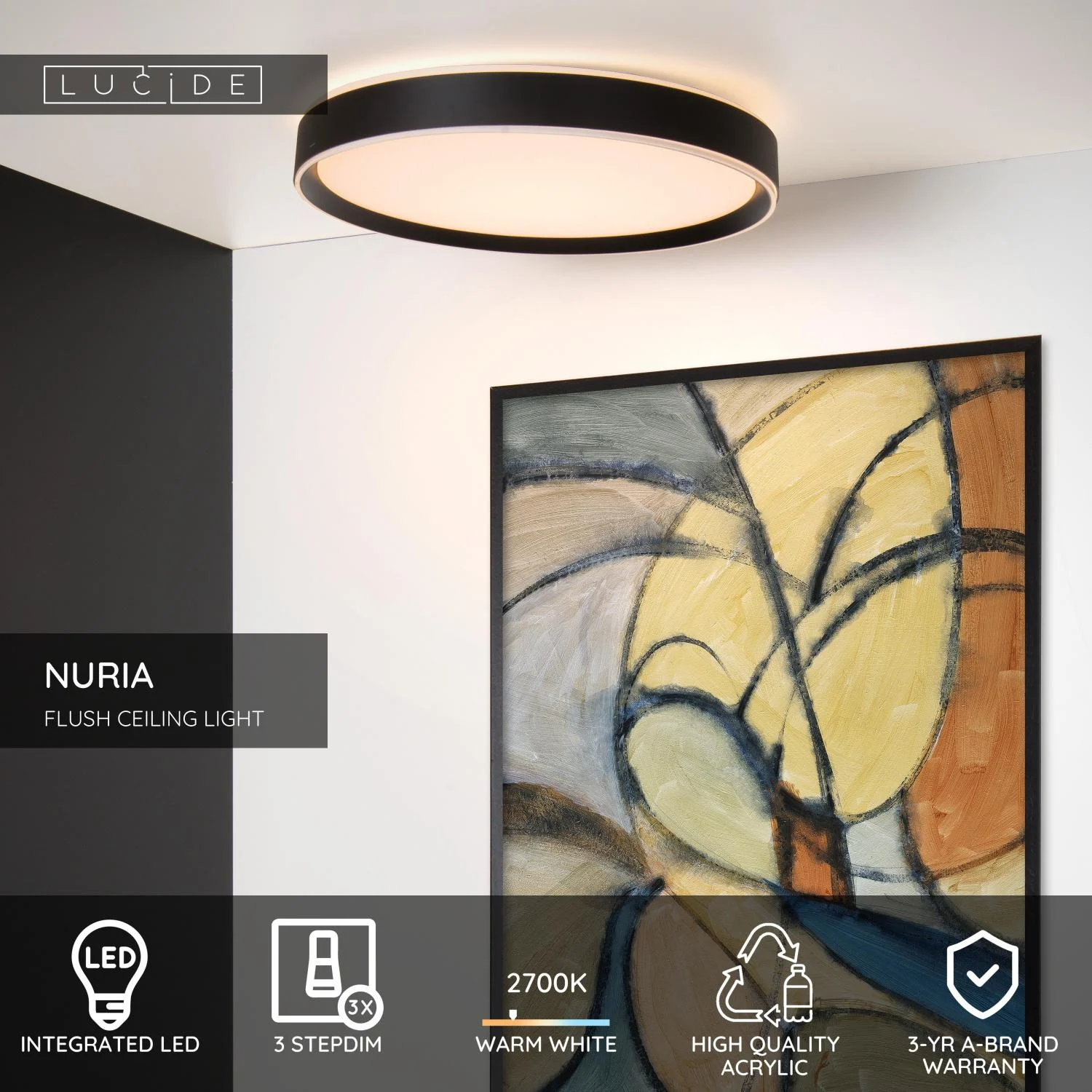 Lucide NURIA - Zapustenu00e9 stropnu00e9 svetlo - u00d8 50 cm - LED 3 StepDim - 1x36W 2700K - u010dierna