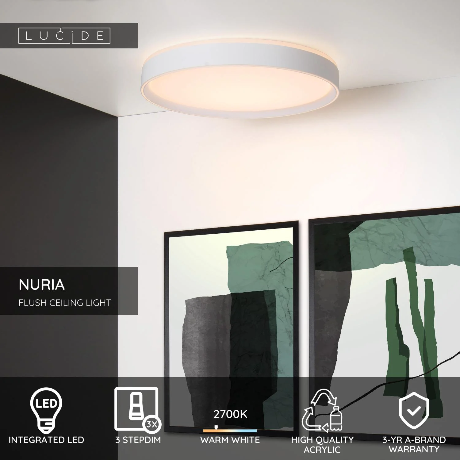 Lucide NURIA - Zapustenu00e9 stropnu00e9 svetlo - u00d8 50 cm - LED 3 StepDim - 1x36W 2700K - biela