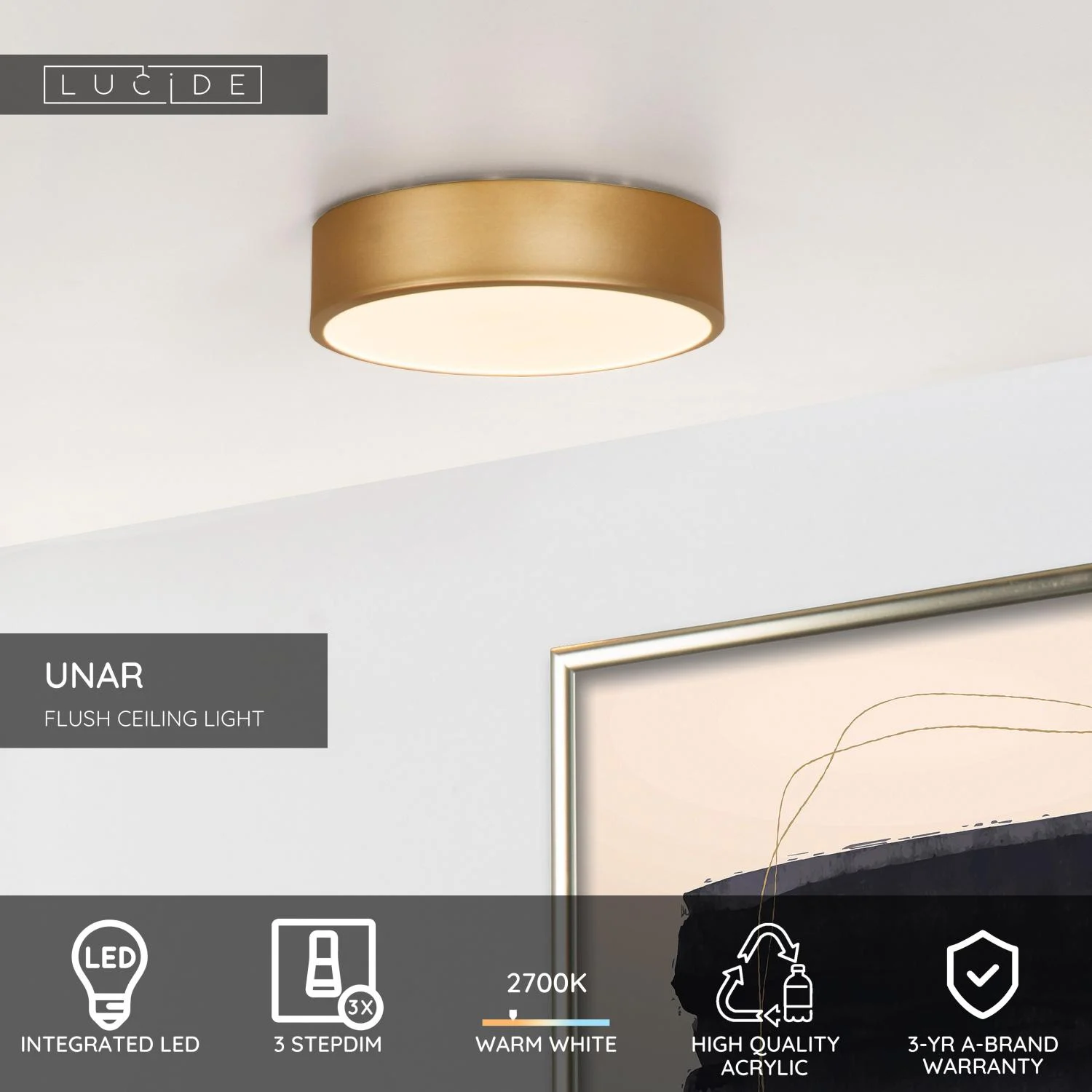 Lucide UNAR - Zapustenu00e9 stropnu00e9 svetlo - u00d8 20 cm - LED 3 StepDim - 1x12W 2700K - Matt Gold / Brass