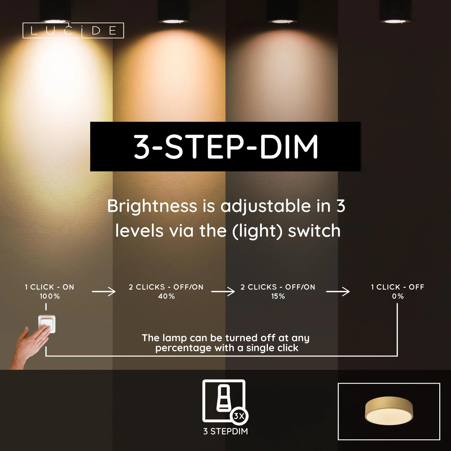 Lucide UNAR - Zapustenu00e9 stropnu00e9 svetlo - u00d8 20 cm - LED 3 StepDim - 1x12W 2700K - Matt Gold / Brass