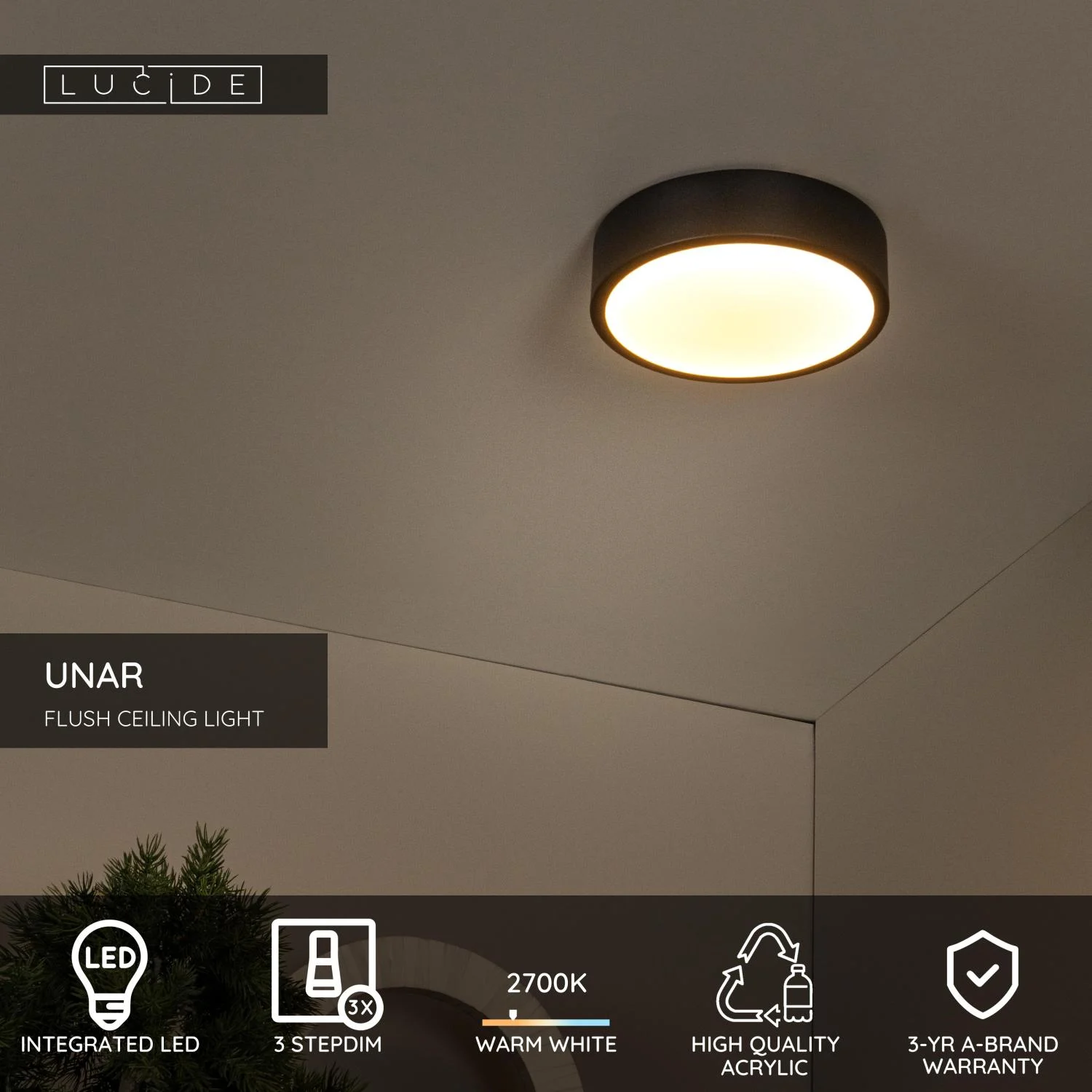 Lucide UNAR - Zapustenu00e9 stropnu00e9 svetlo - u00d8 20 cm - LED 3 StepDim - 1x12W 2700K - u010dierna