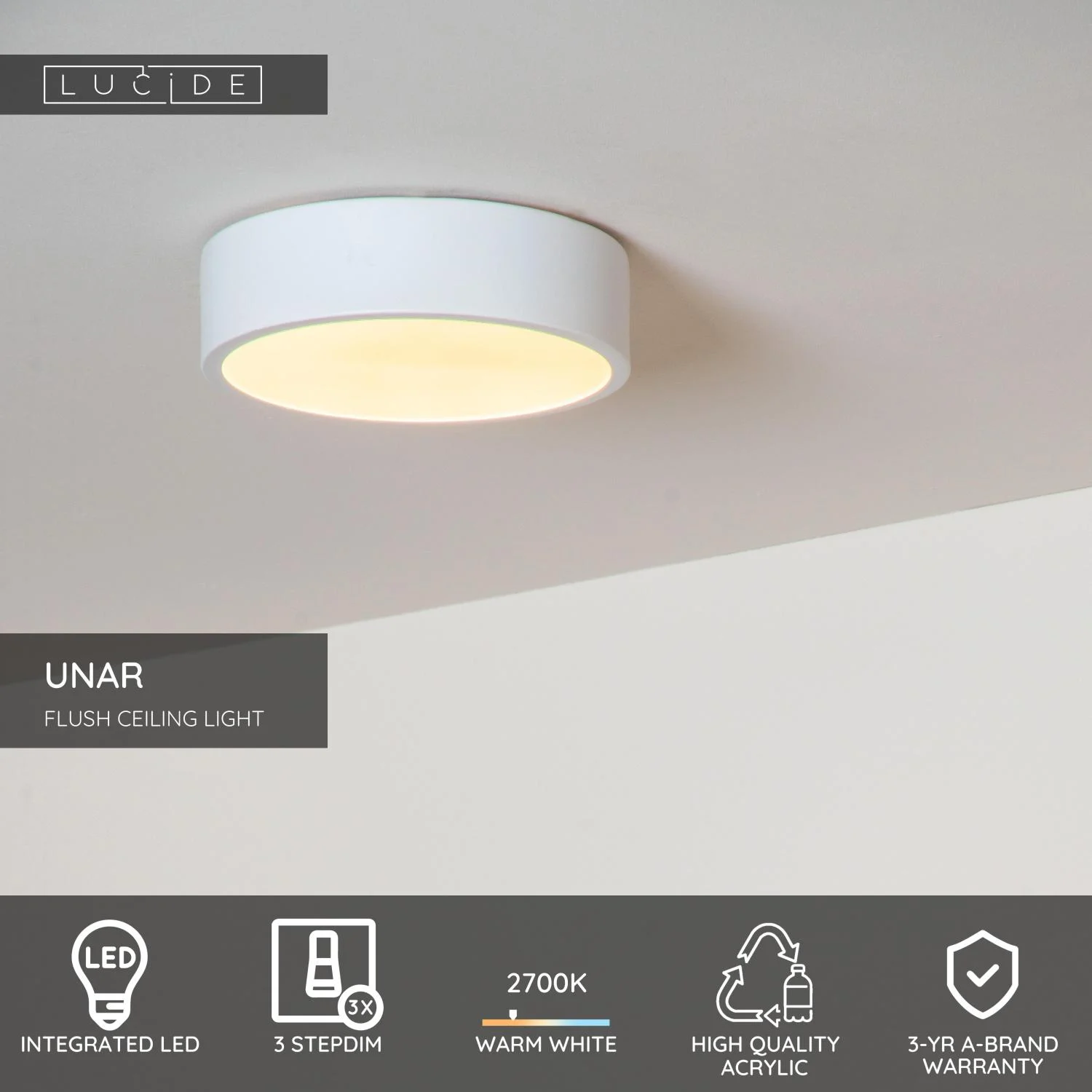 Lucide UNAR - Zapustenu00e9 stropnu00e9 svetlo - u00d8 20 cm - LED 3StepDim - 1x12W 2700K - biela