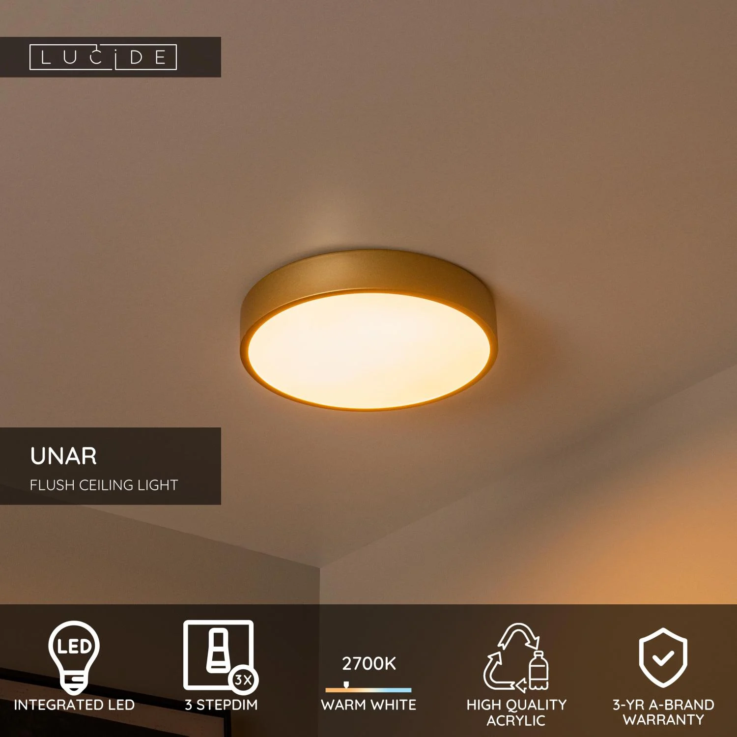Lucide UNAR - Zapustenu00e9 stropnu00e9 svetlo - u00d8 30 cm - LED 3 StepDim - 1x18W 2700K - Matt Gold / Brass