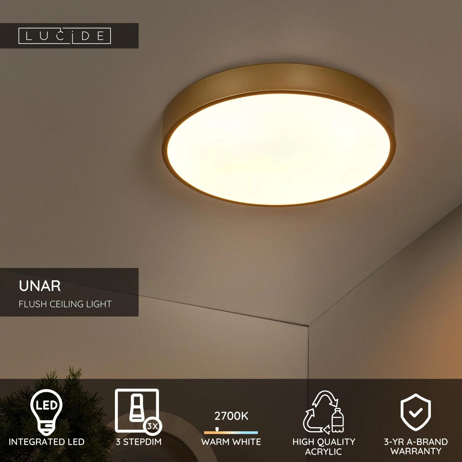 Lucide UNAR - Zapustenu00e9 stropnu00e9 svetlo - u00d8 39,5 cm - LED 3 StepDim - 1x24W 2700K - Matt Gold / Brass