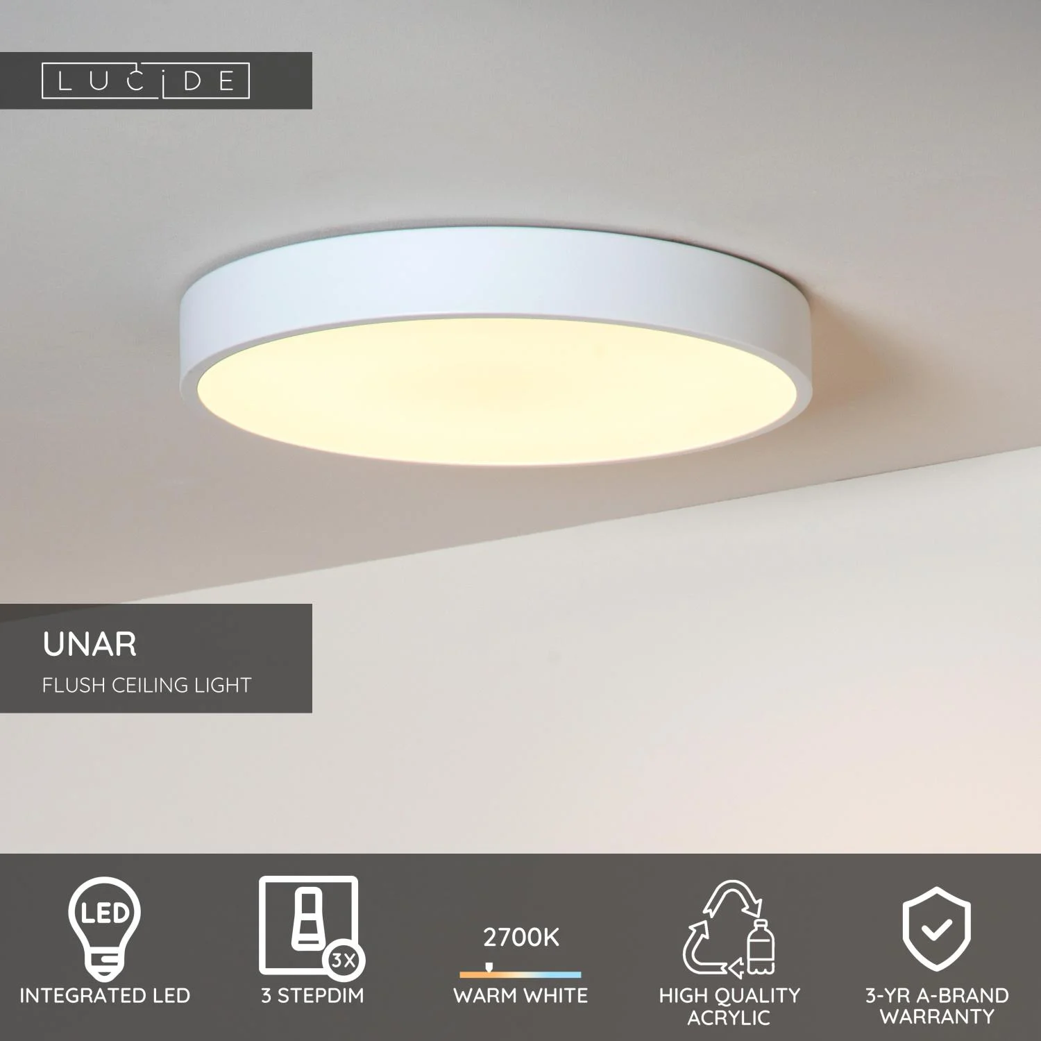 Lucide UNAR - Zapustenu00e9 stropnu00e9 svetlo - u00d8 39,5 cm - LED 3StepDim - 1x24W 2700K - biela